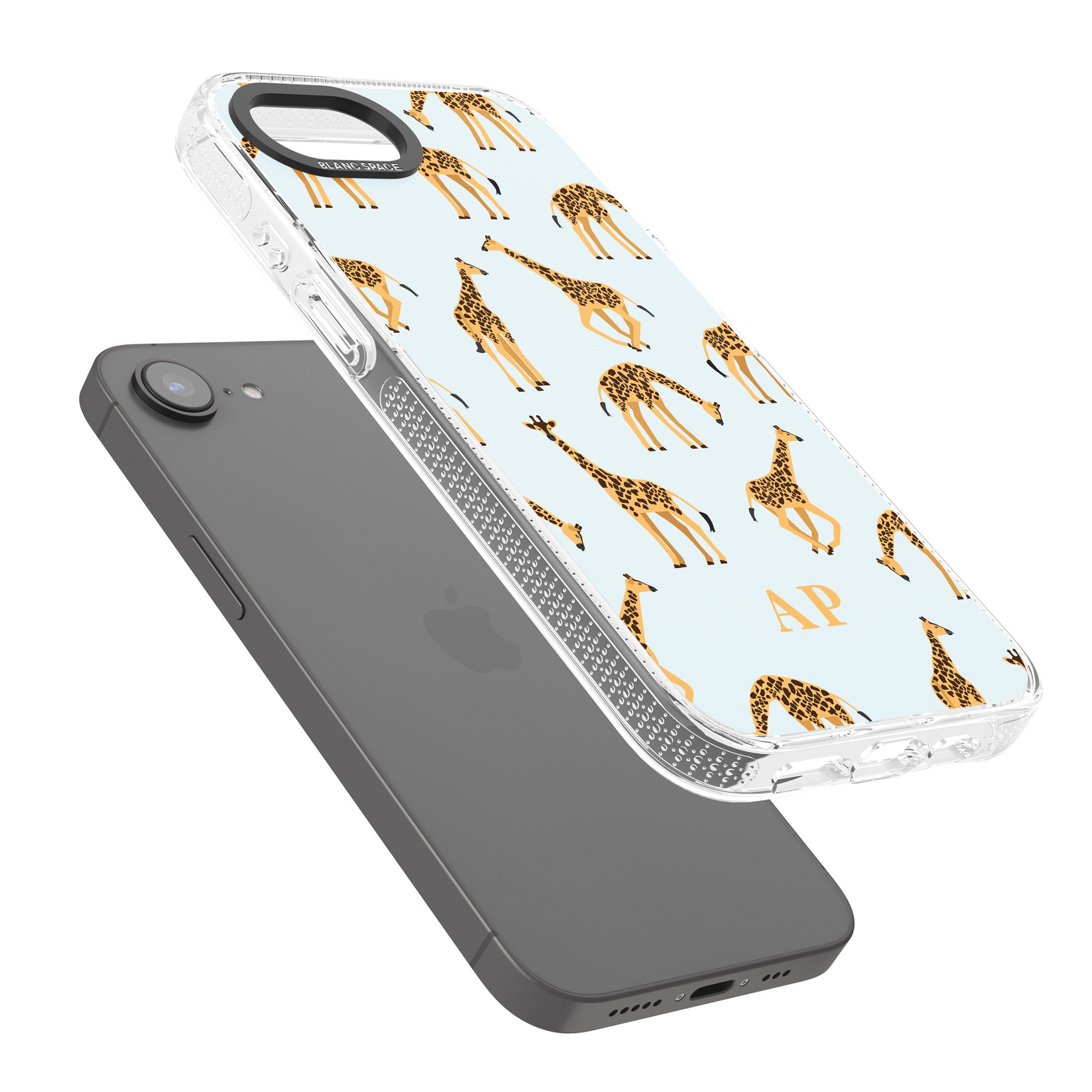 Personalised Safari Giraffe Pattern on Blue iPhone 16e Clear Case Impact Air - Blanc Space