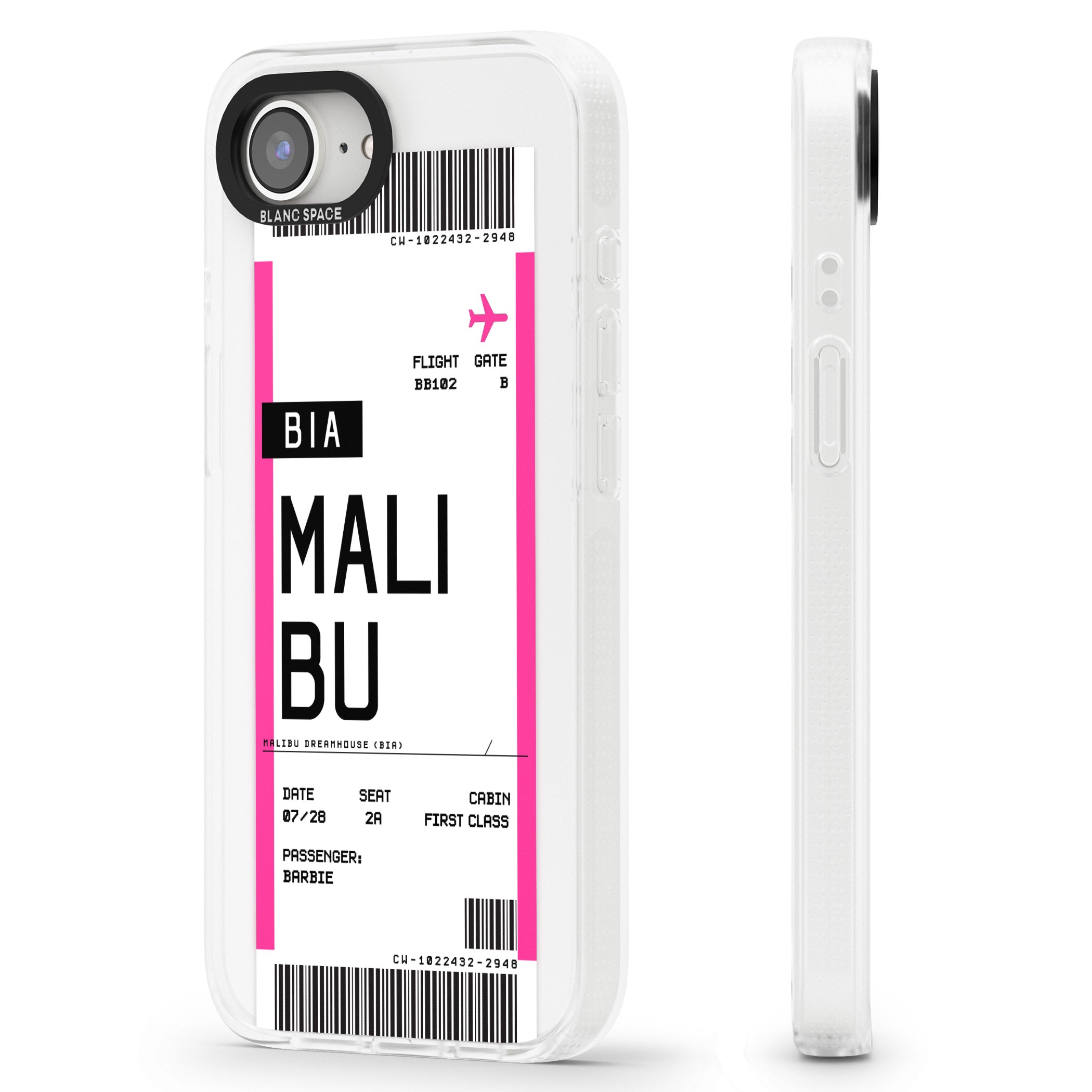 Personalised Pink Malibu Boarding Pass iPhone 16e Clear Case Impact Air - Blanc Space