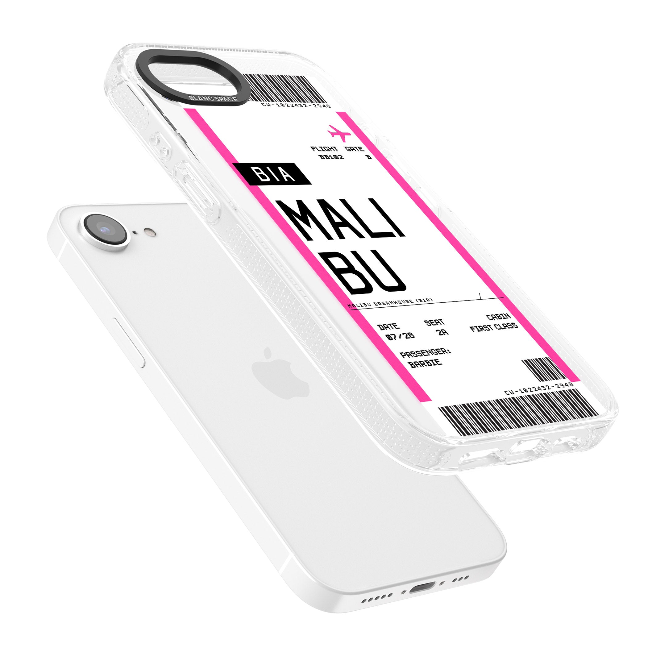 Personalised Pink Malibu Boarding Pass iPhone 16e Clear Case Impact Air - Blanc Space