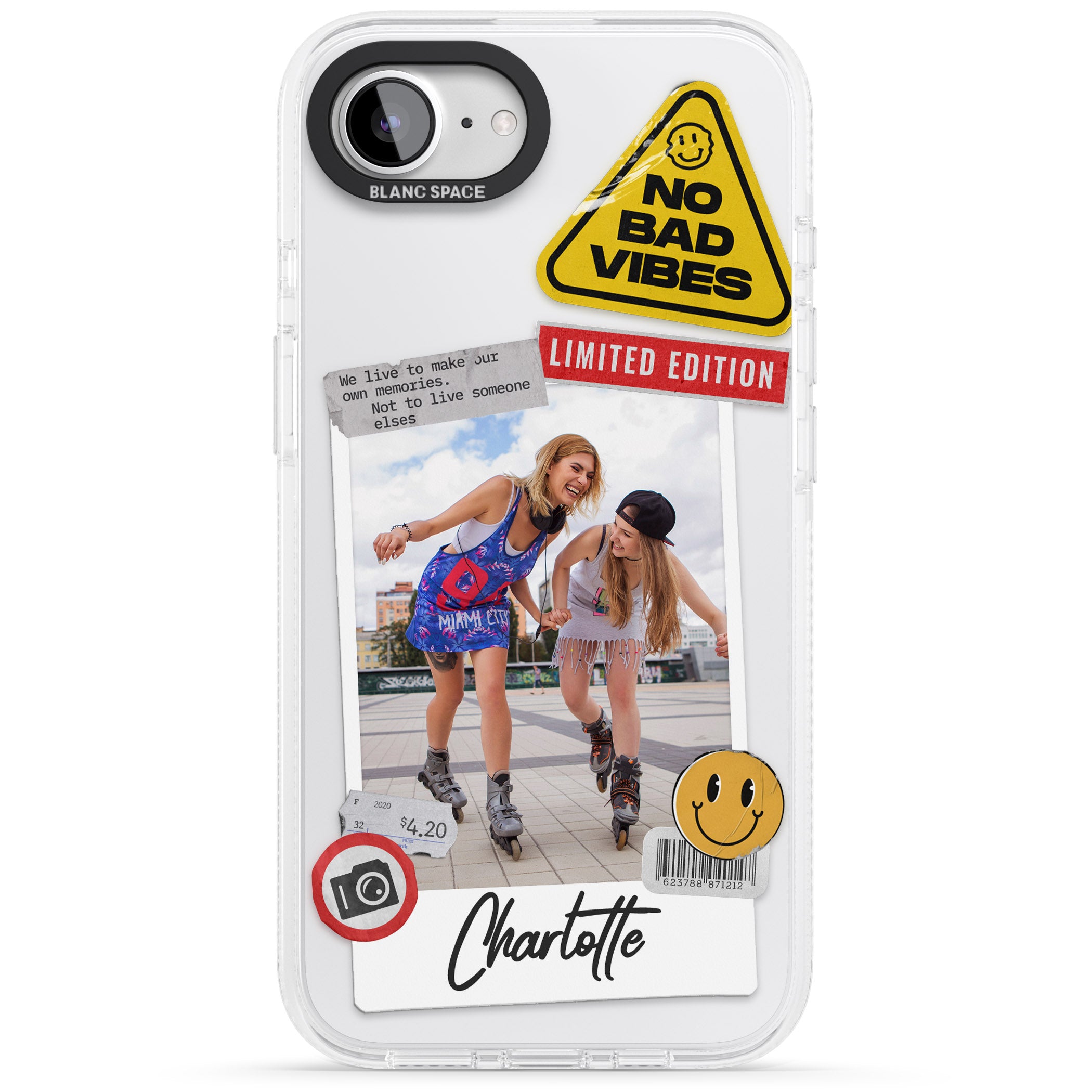 Personalised Sticker Mix Instant Photo iPhone 16e Clear Case Impact Air - Blanc Space