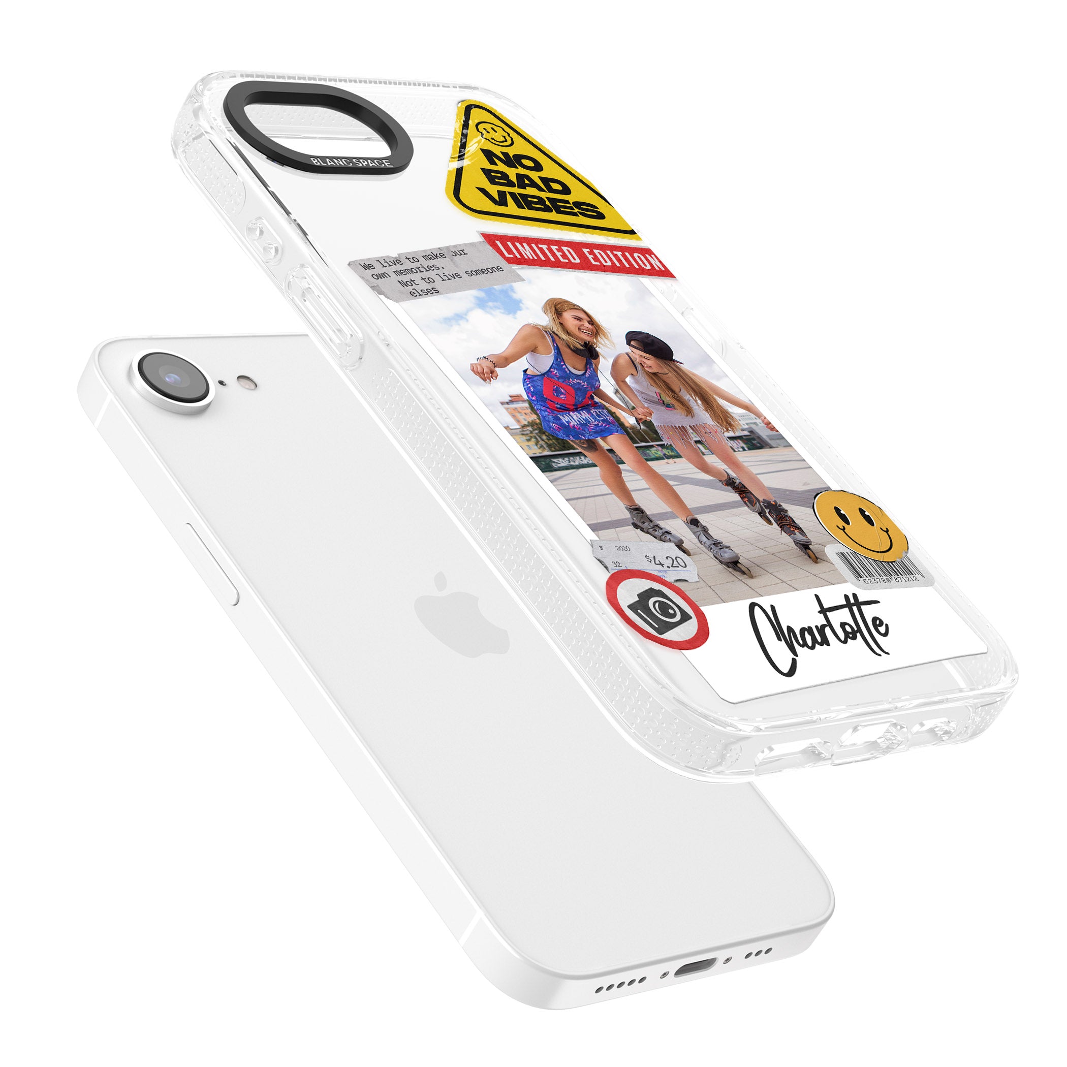 Personalised Sticker Mix Instant Photo iPhone 16e Clear Case Impact Air - Blanc Space