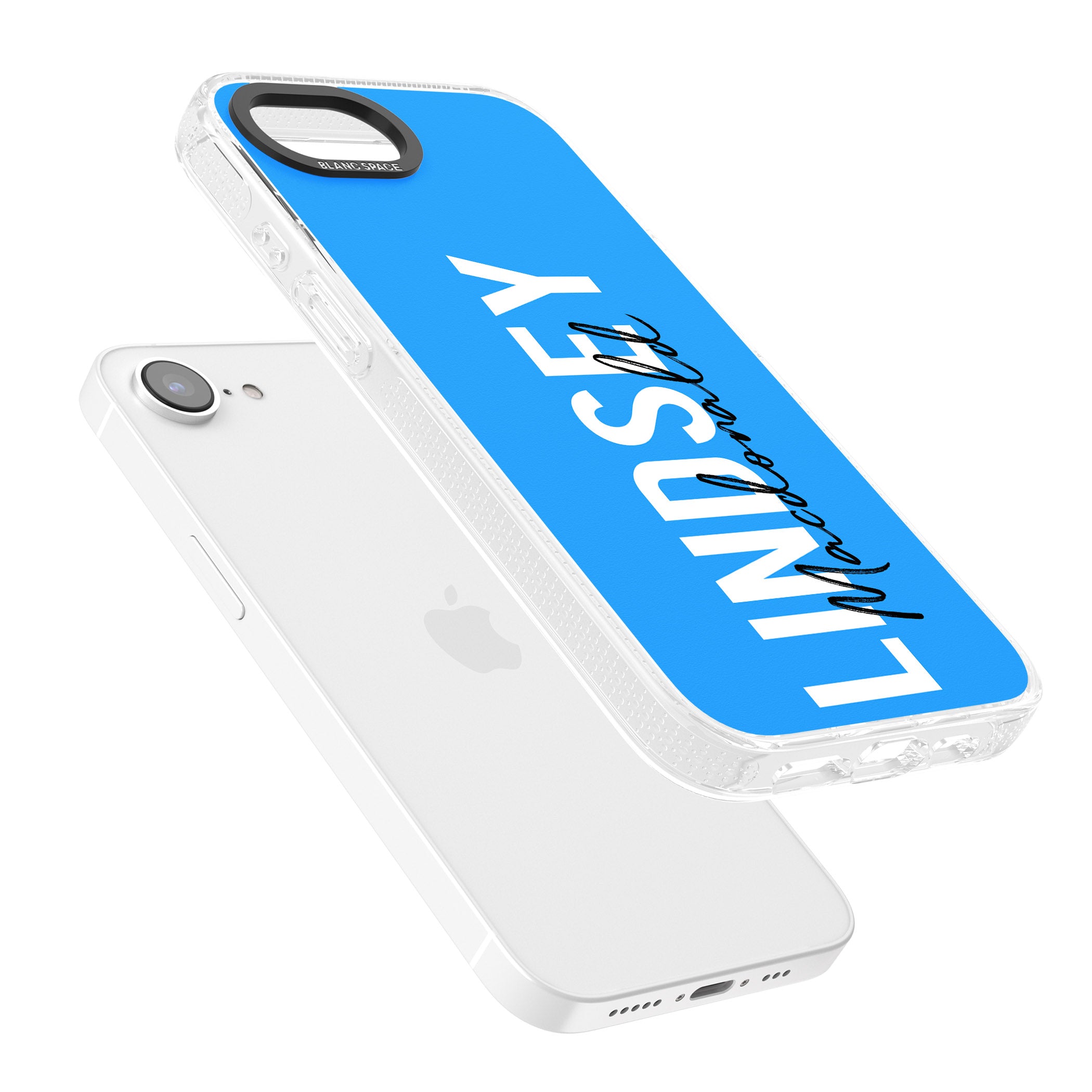 Personalised Bold Name: Blue iPhone 16e Clear Case Impact Air - Blanc Space