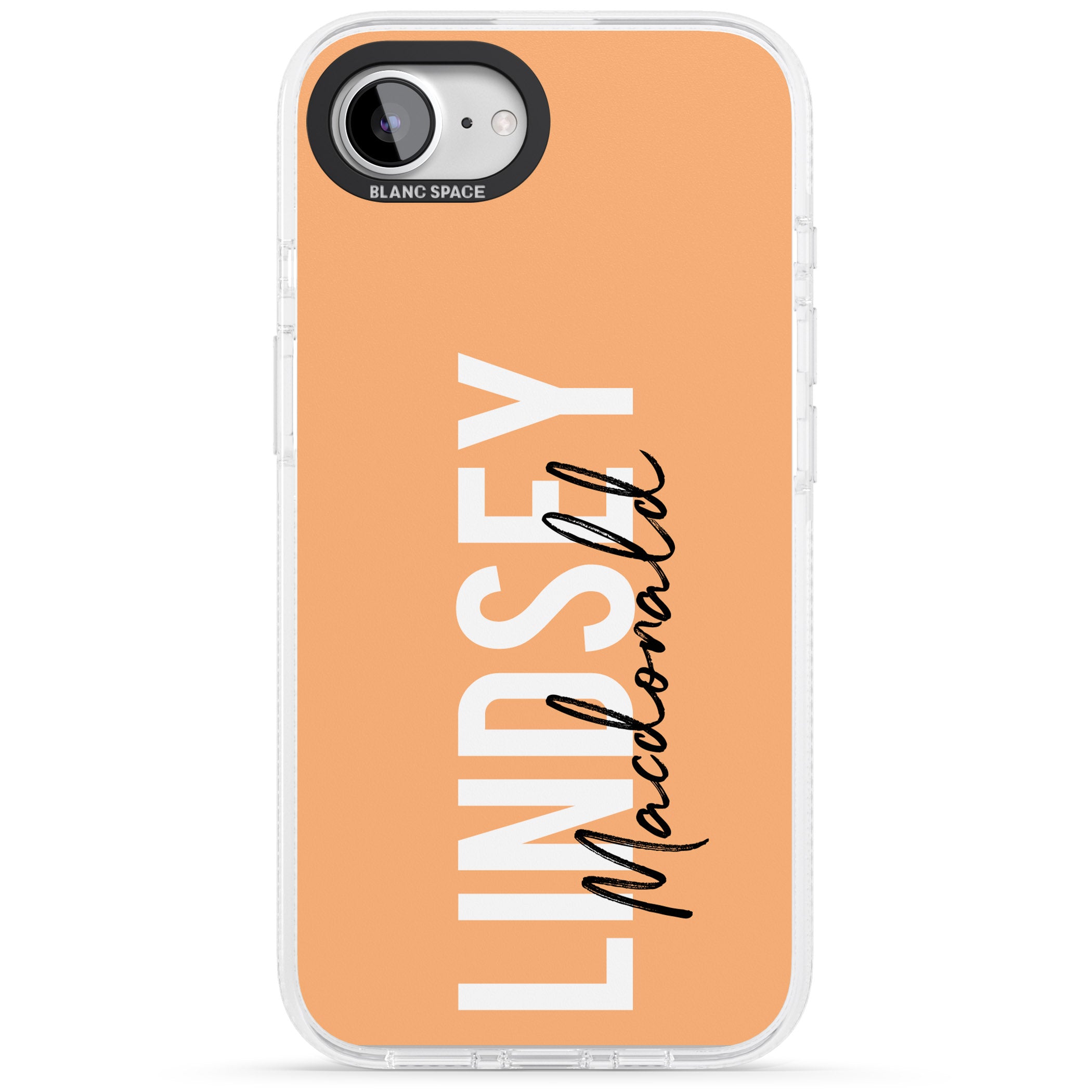 Personalised Bold Name: Peach iPhone 16e Clear Case Impact Air - Blanc Space