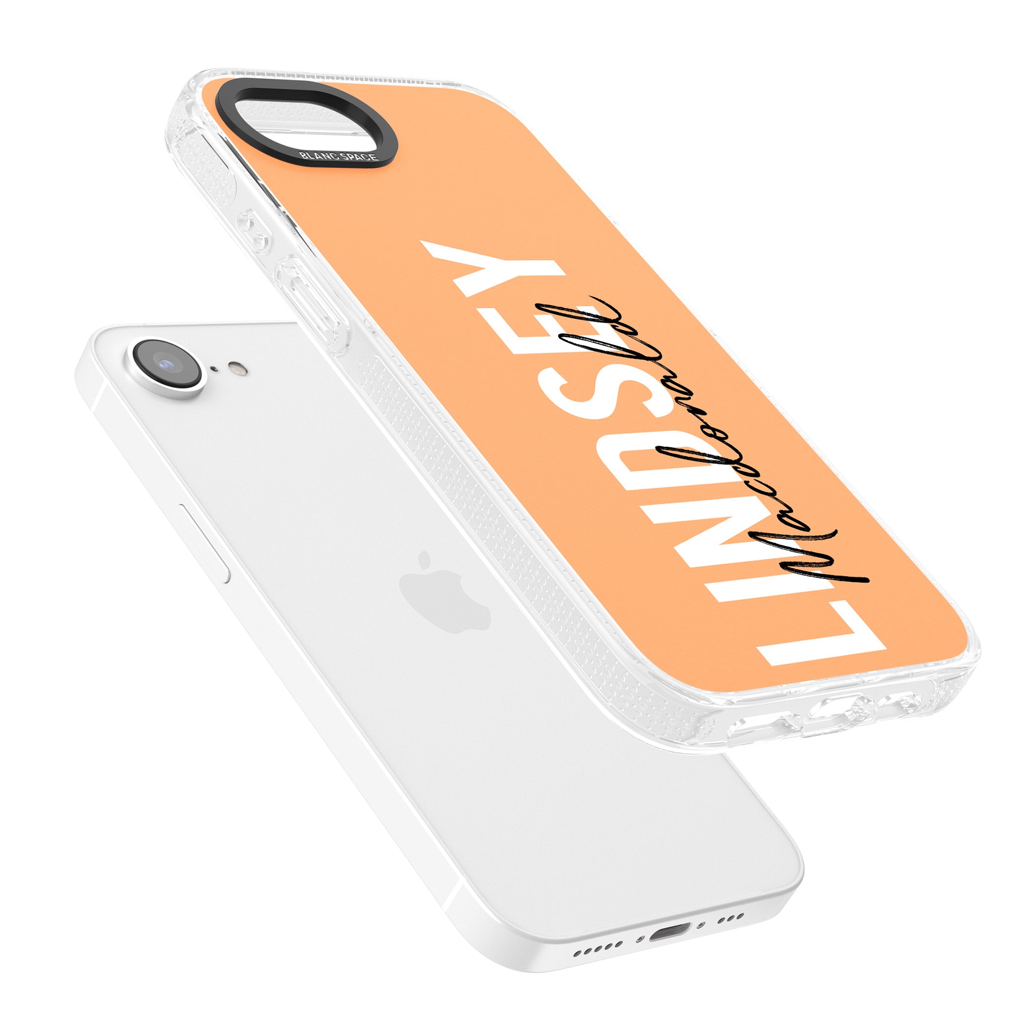 Personalised Bold Name: Peach iPhone 16e Clear Case Impact Air - Blanc Space