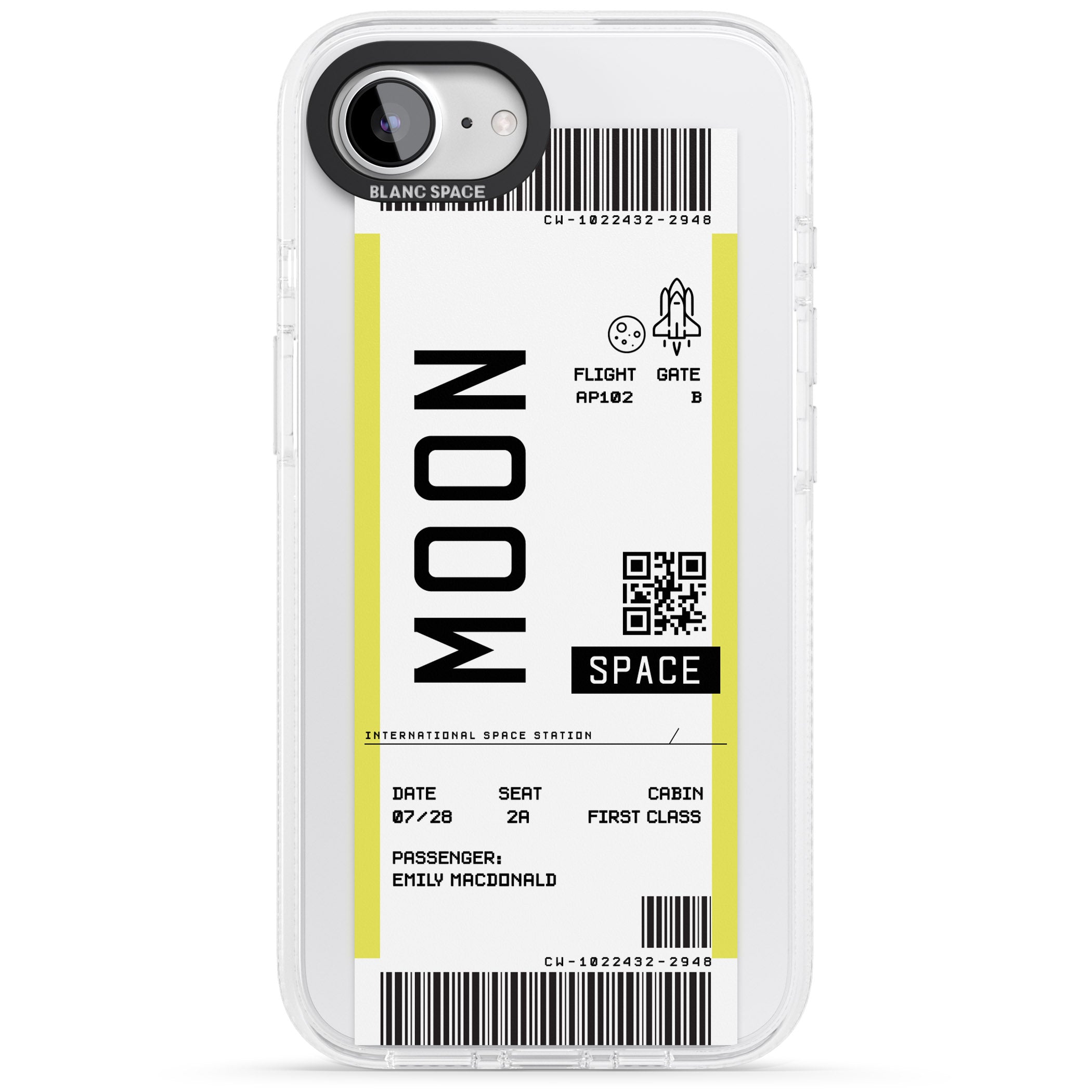 Personalised Moon Space Travel Ticket iPhone 16e Clear Case Impact Air - Blanc Space