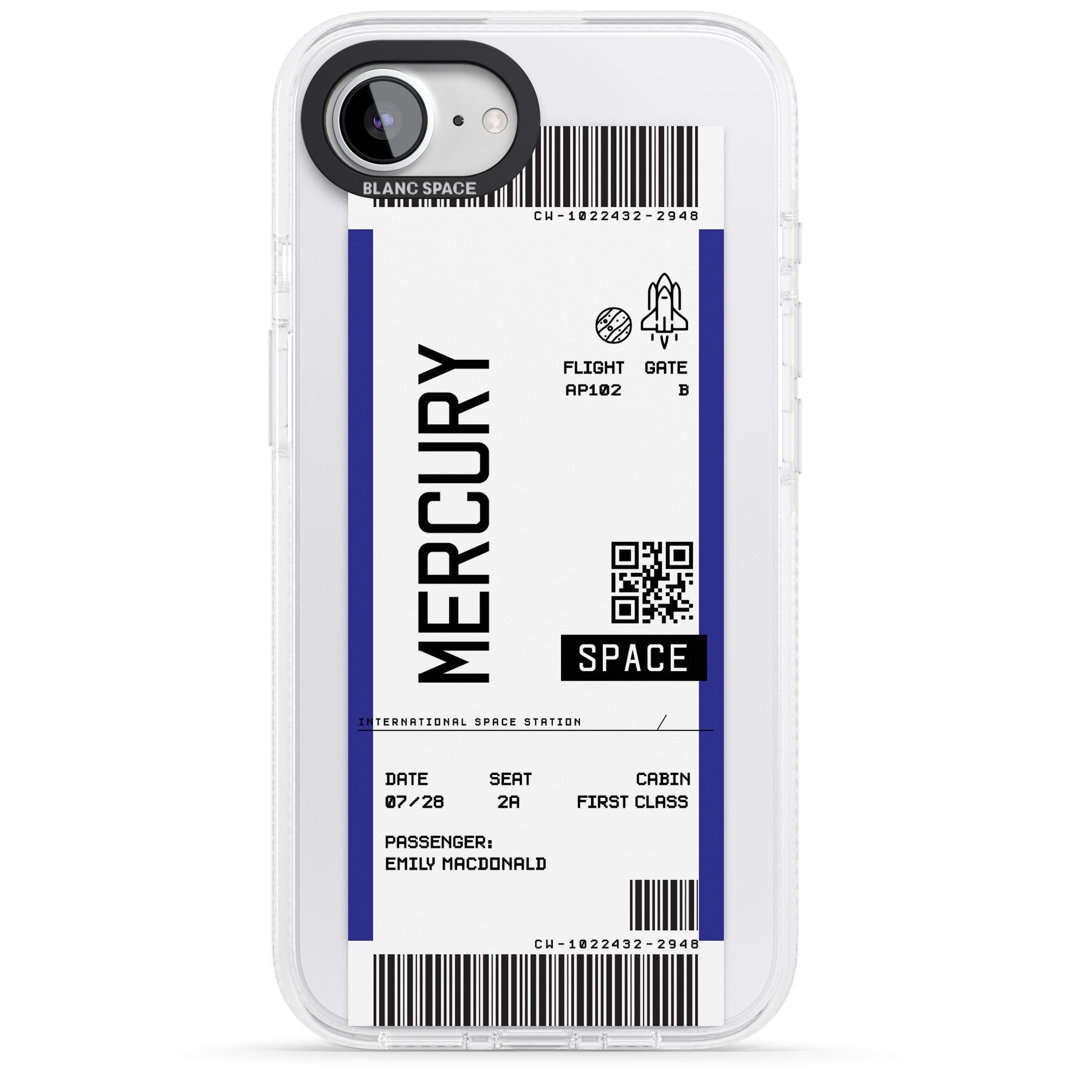 Personalised Mercury Space Travel Ticket iPhone 16e Clear Case Impact Air - Blanc Space