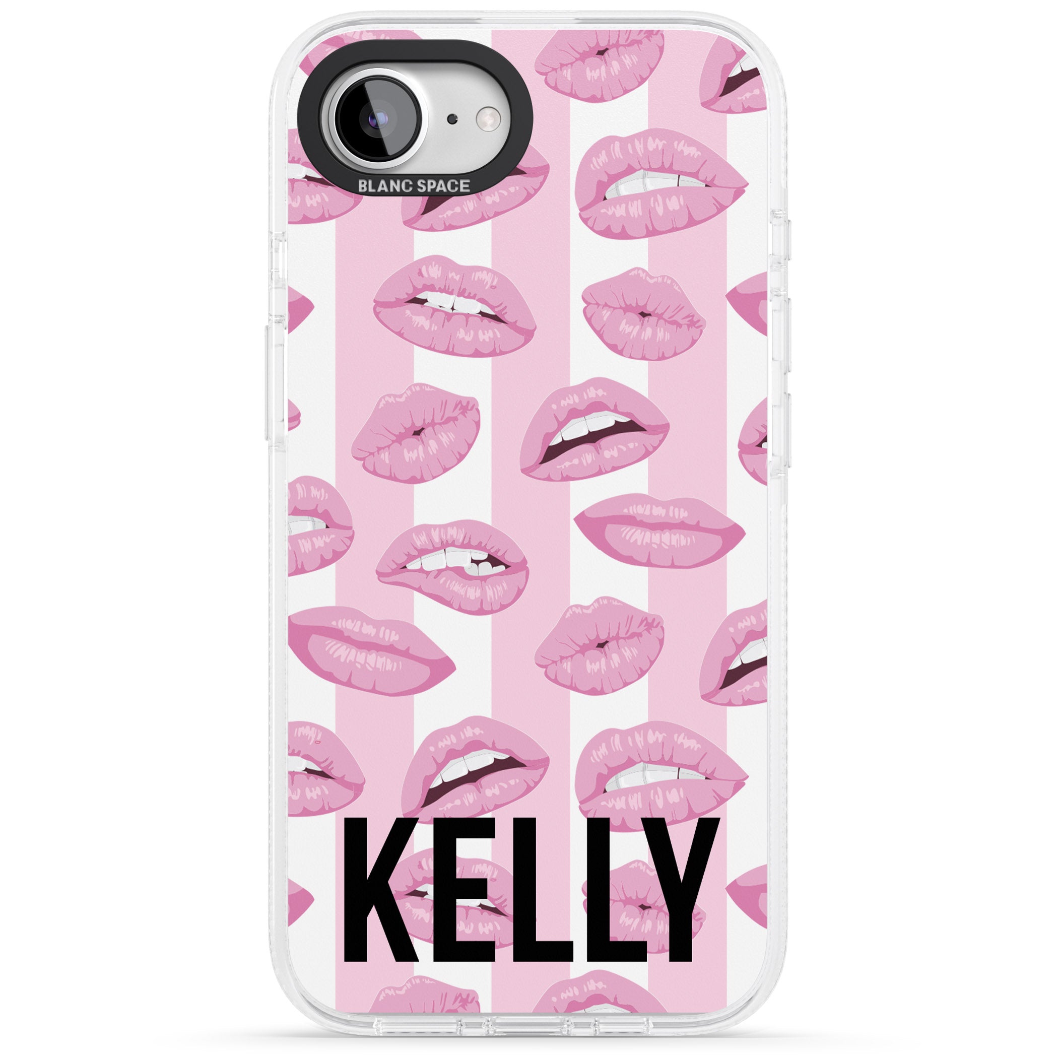 Personalised Pink Stripes & Lips iPhone 16e Clear Case Impact Air - Blanc Space