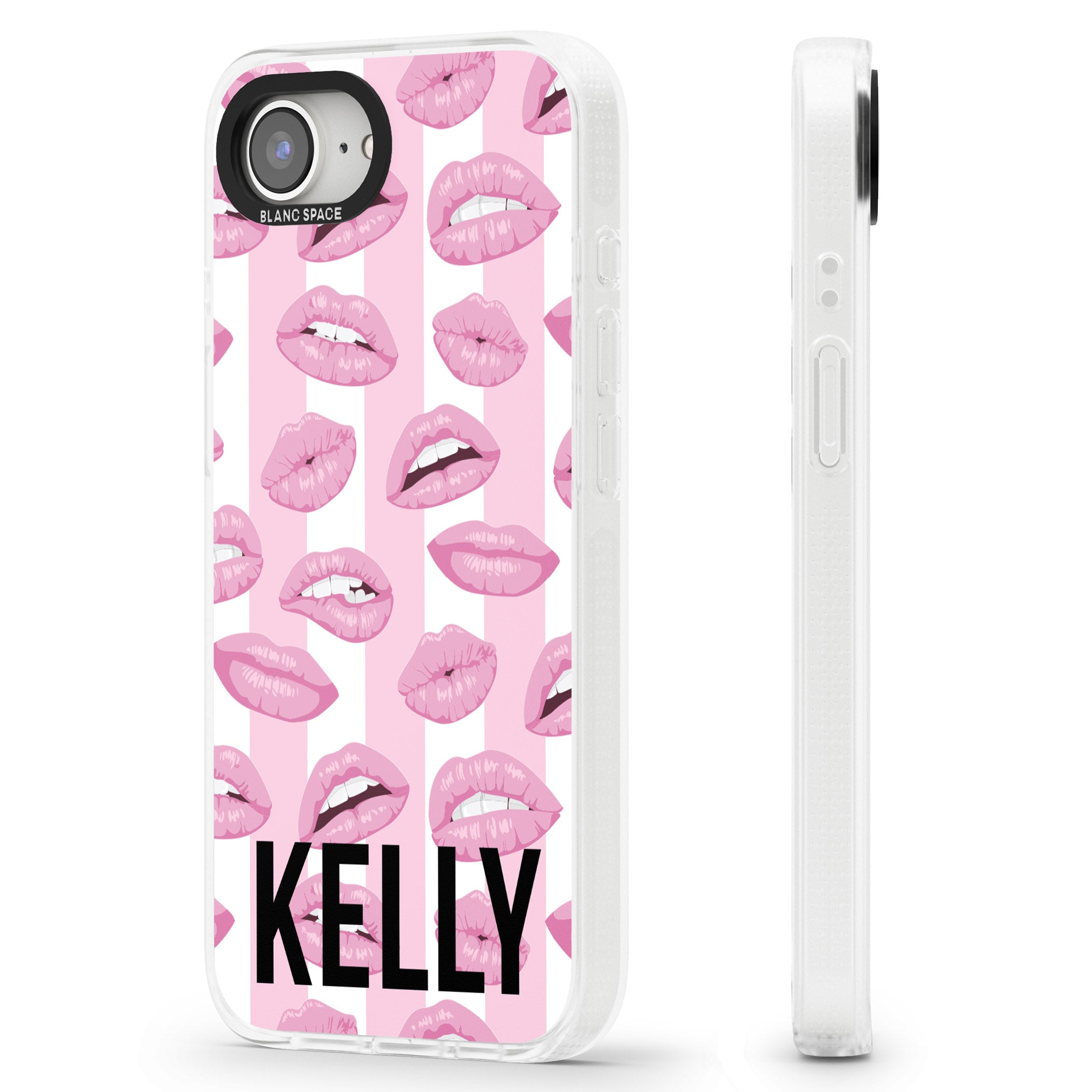 Personalised Pink Stripes & Lips iPhone 16e Clear Case Impact Air - Blanc Space
