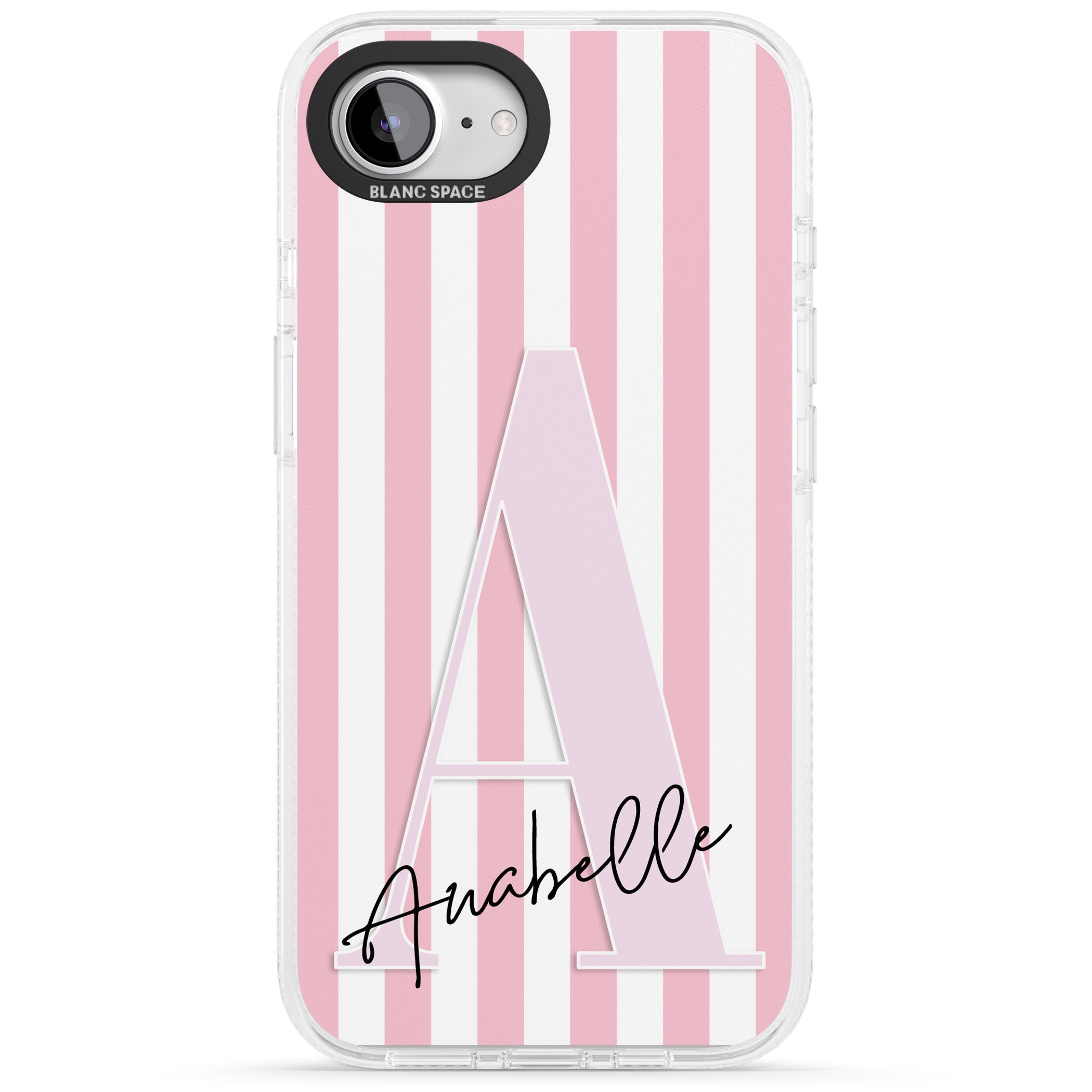 Personalised Pink Stripes & Large Monogram iPhone 16e Clear Case Impact Air - Blanc Space