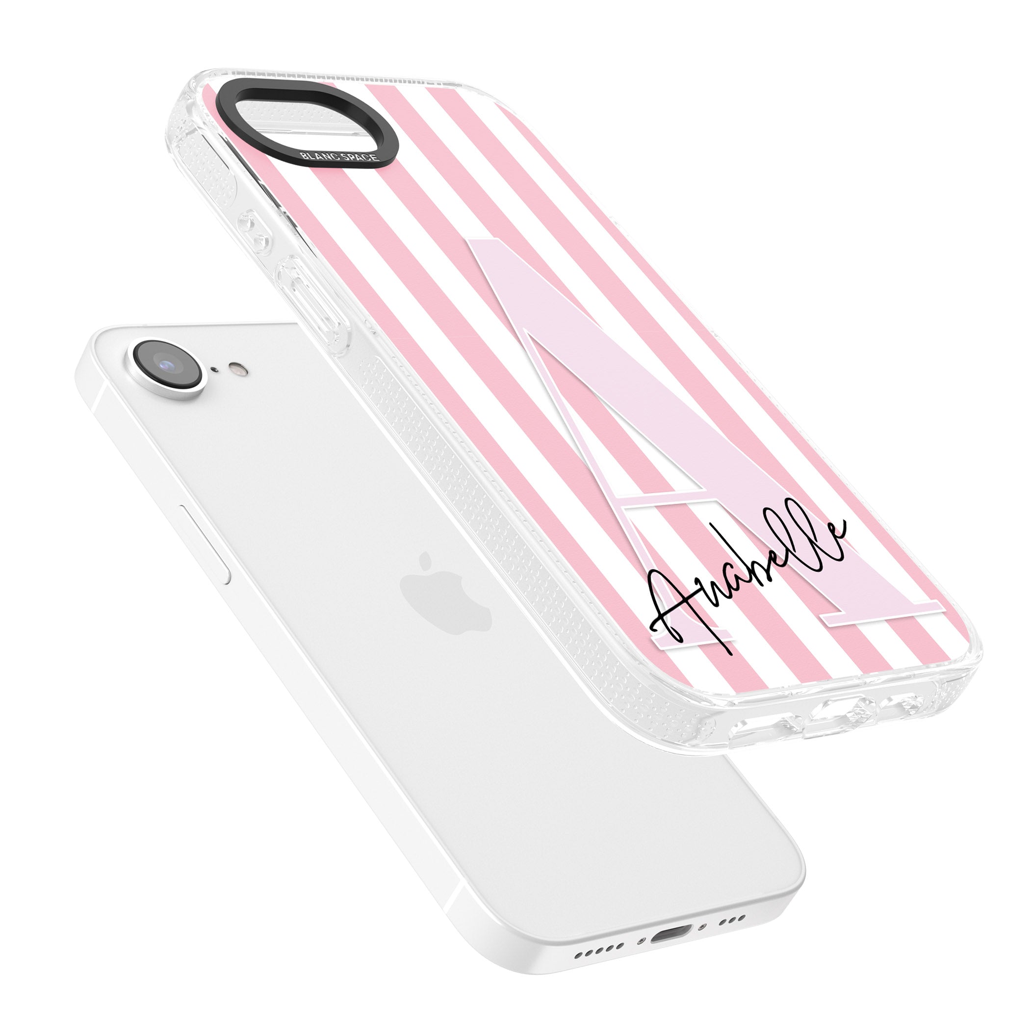 Personalised Pink Stripes & Large Monogram iPhone 16e Clear Case Impact Air - Blanc Space