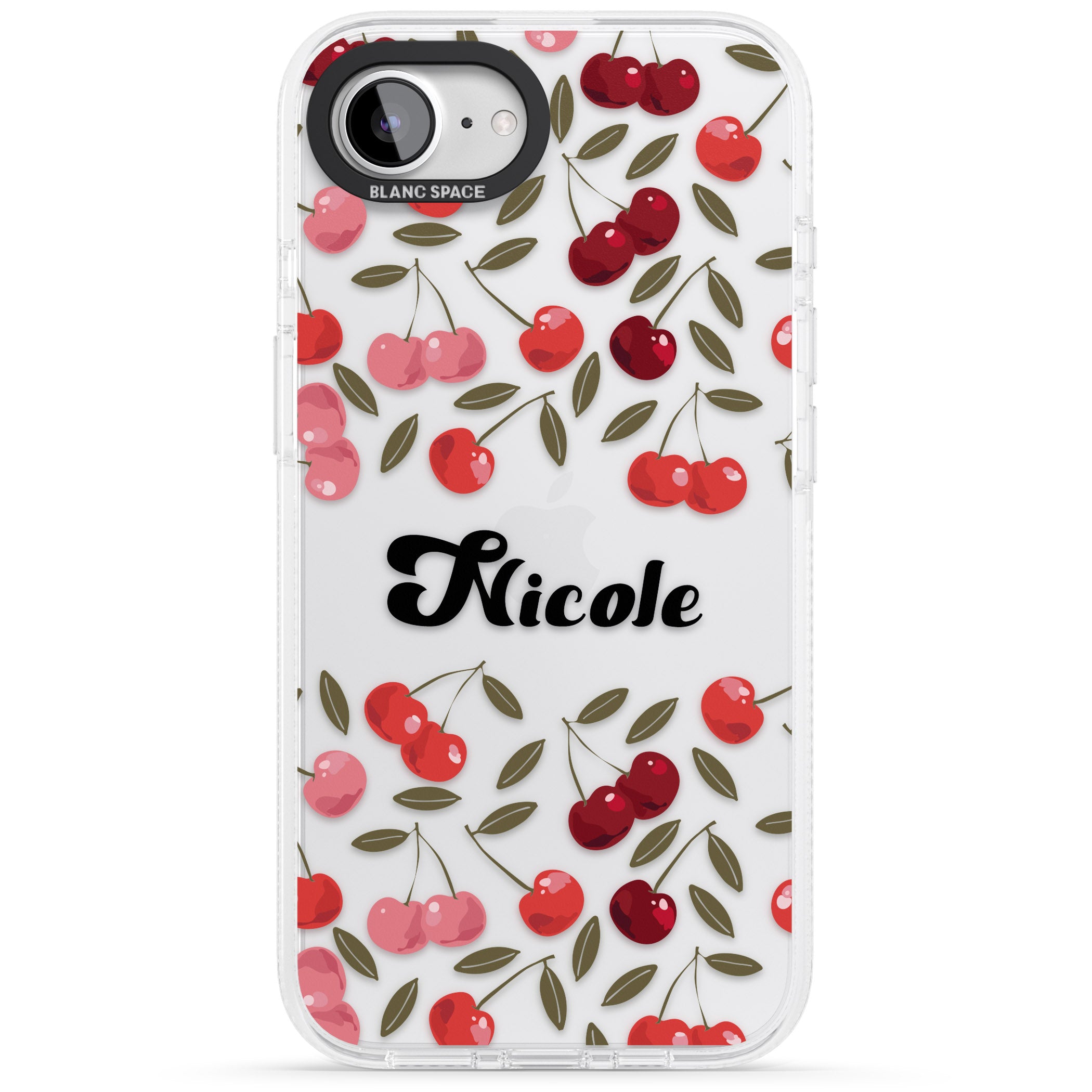 Personalised Cherry Pattern iPhone 16e Clear Case Impact Air - Blanc Space