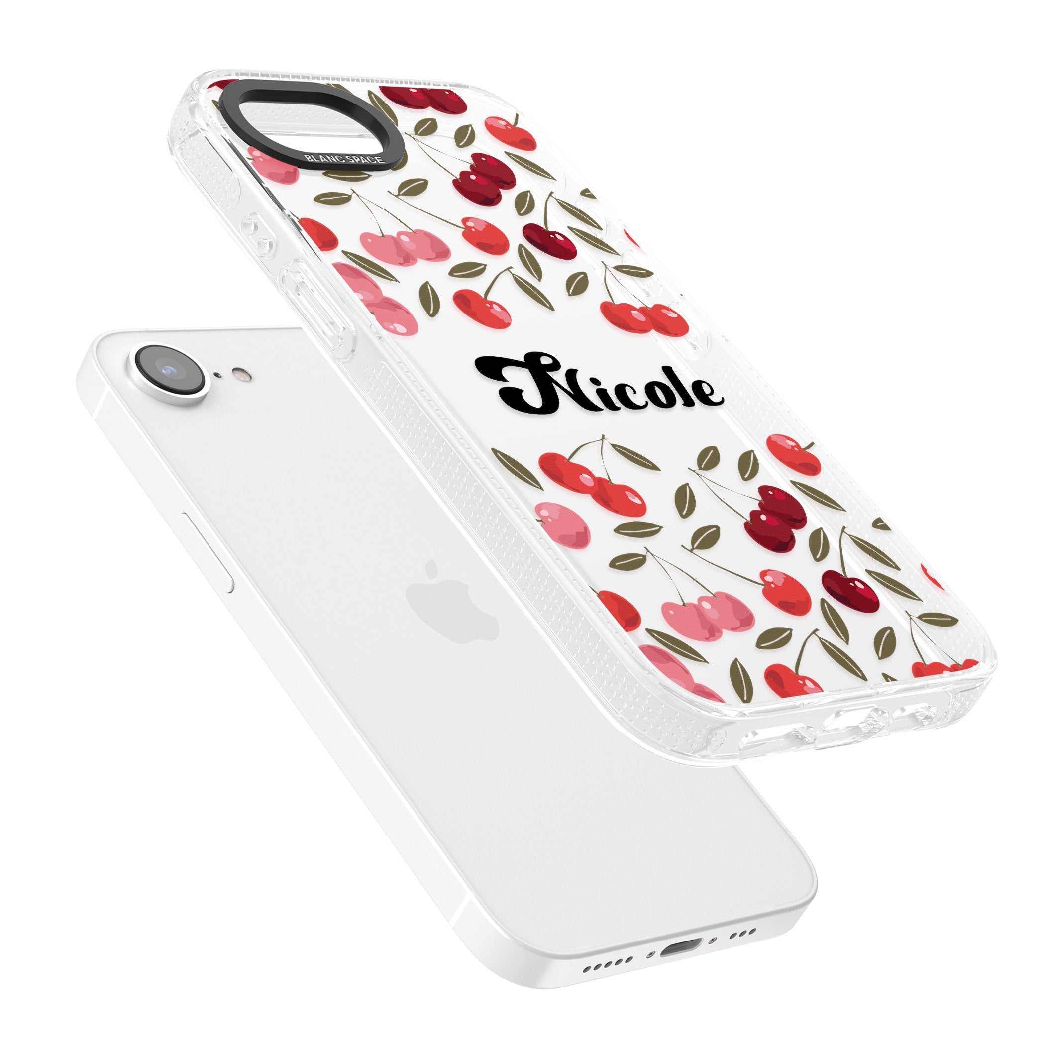 Personalised Cherry Pattern iPhone 16e Clear Case Impact Air - Blanc Space