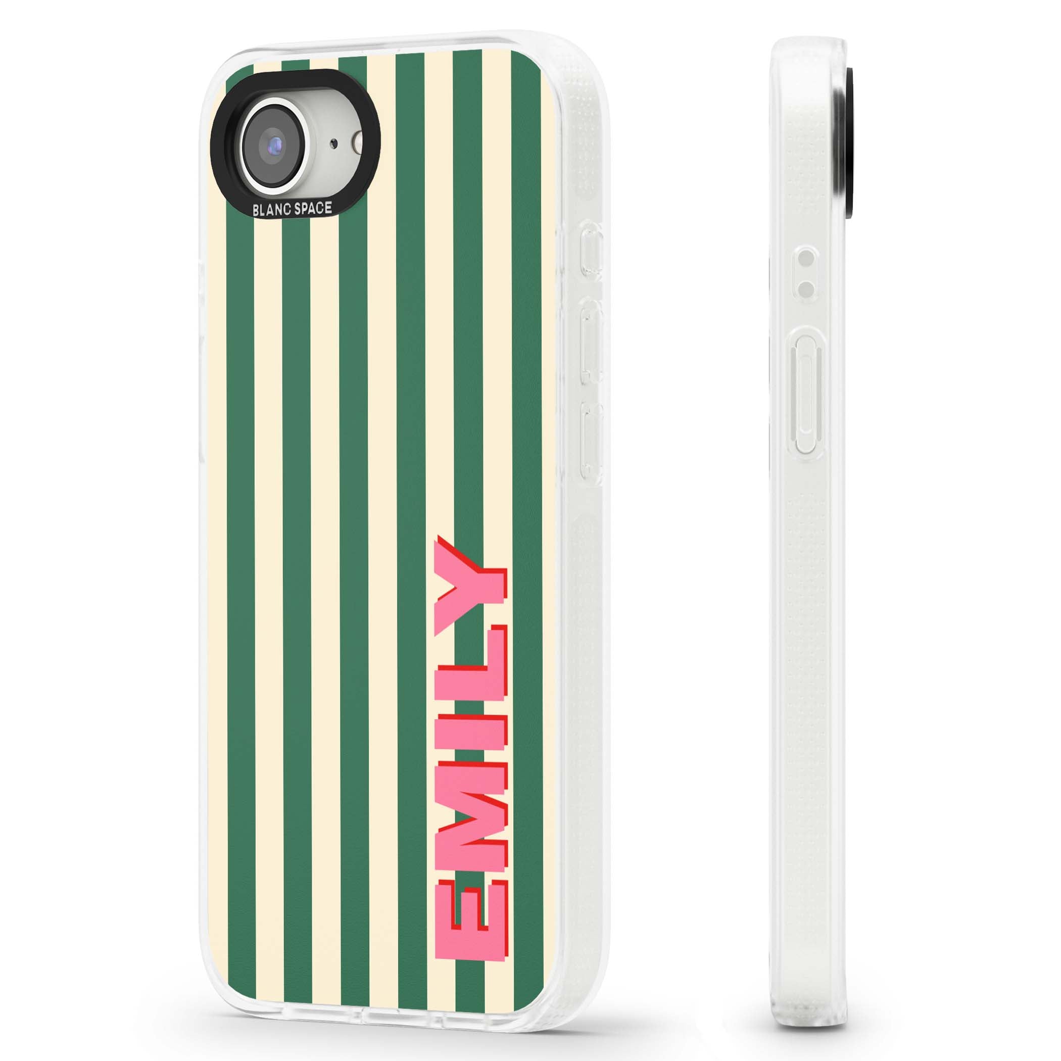 Wimbledon Stripe preppy iPhone case featuring green and cream vertical stripes with a personalised pink name | Clear Case Impact Air case for iPhone 16e, iPhone 17e