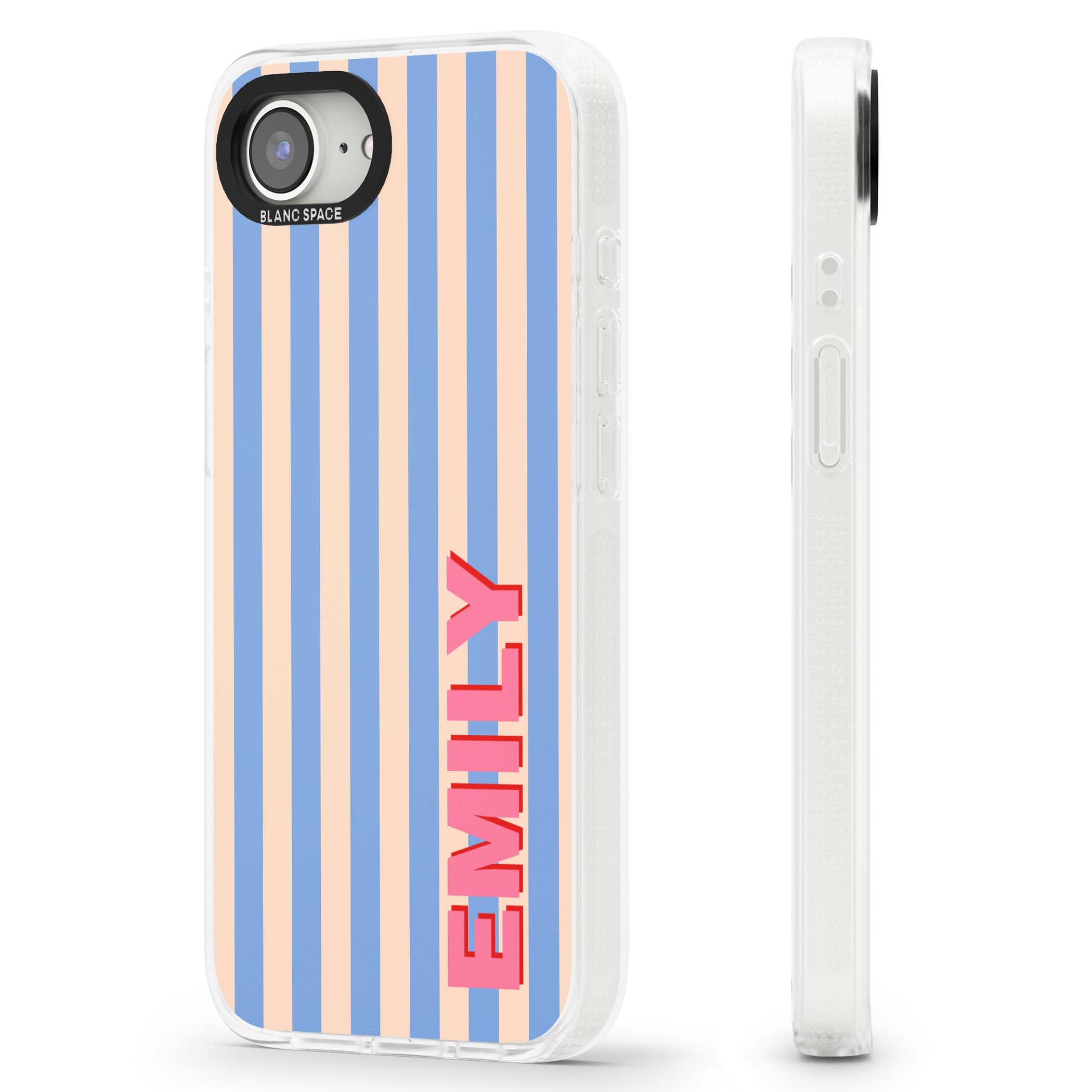 Coastal Stripe personalised coastal iPhone case with blue and peach vertical stripes and custom pink name | Clear Case Impact Air case for iPhone 16e, iPhone 17e