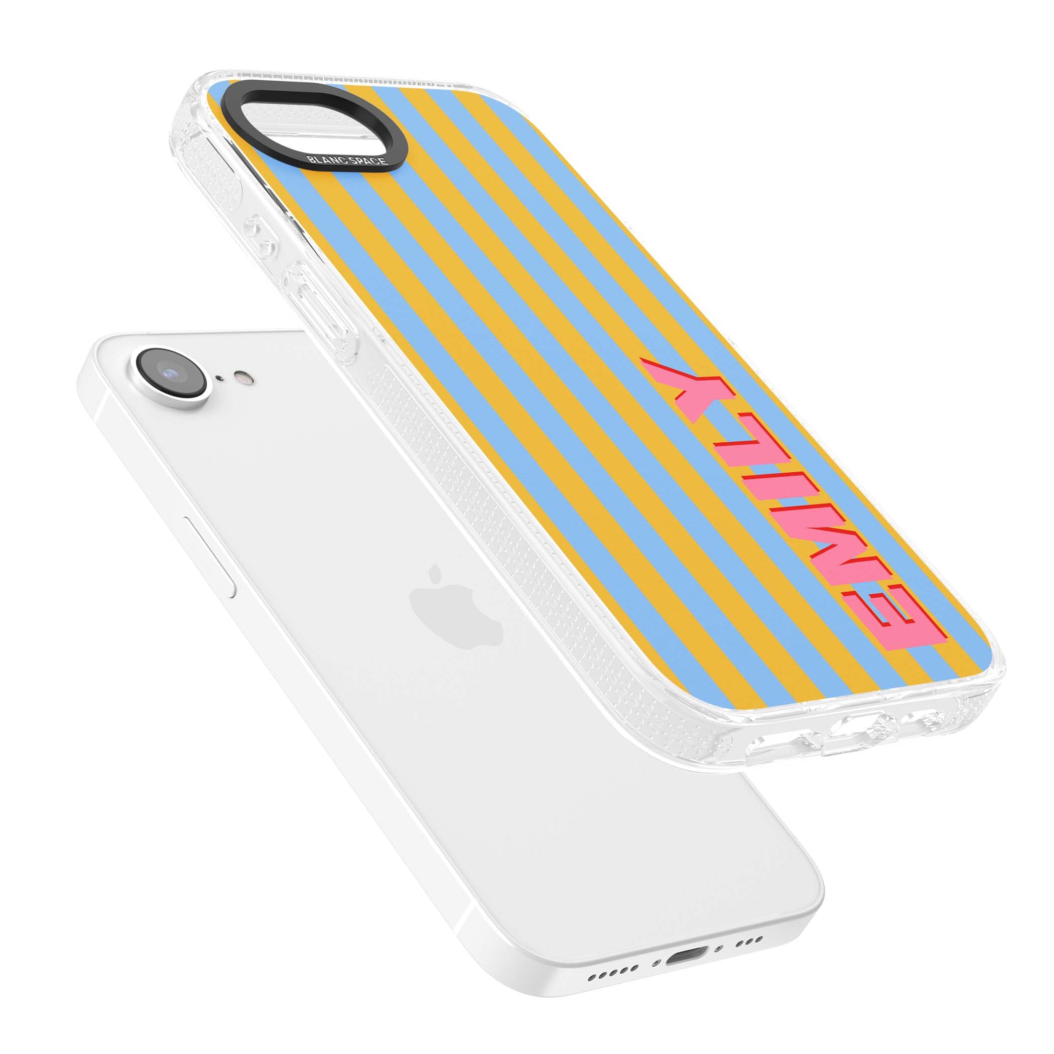 Carribean Stripe personalised coastal iPhone case with yellow and blue vertical stripes and a custom pink name | Clear Case Impact Air case for iPhone 16e, iPhone 17e