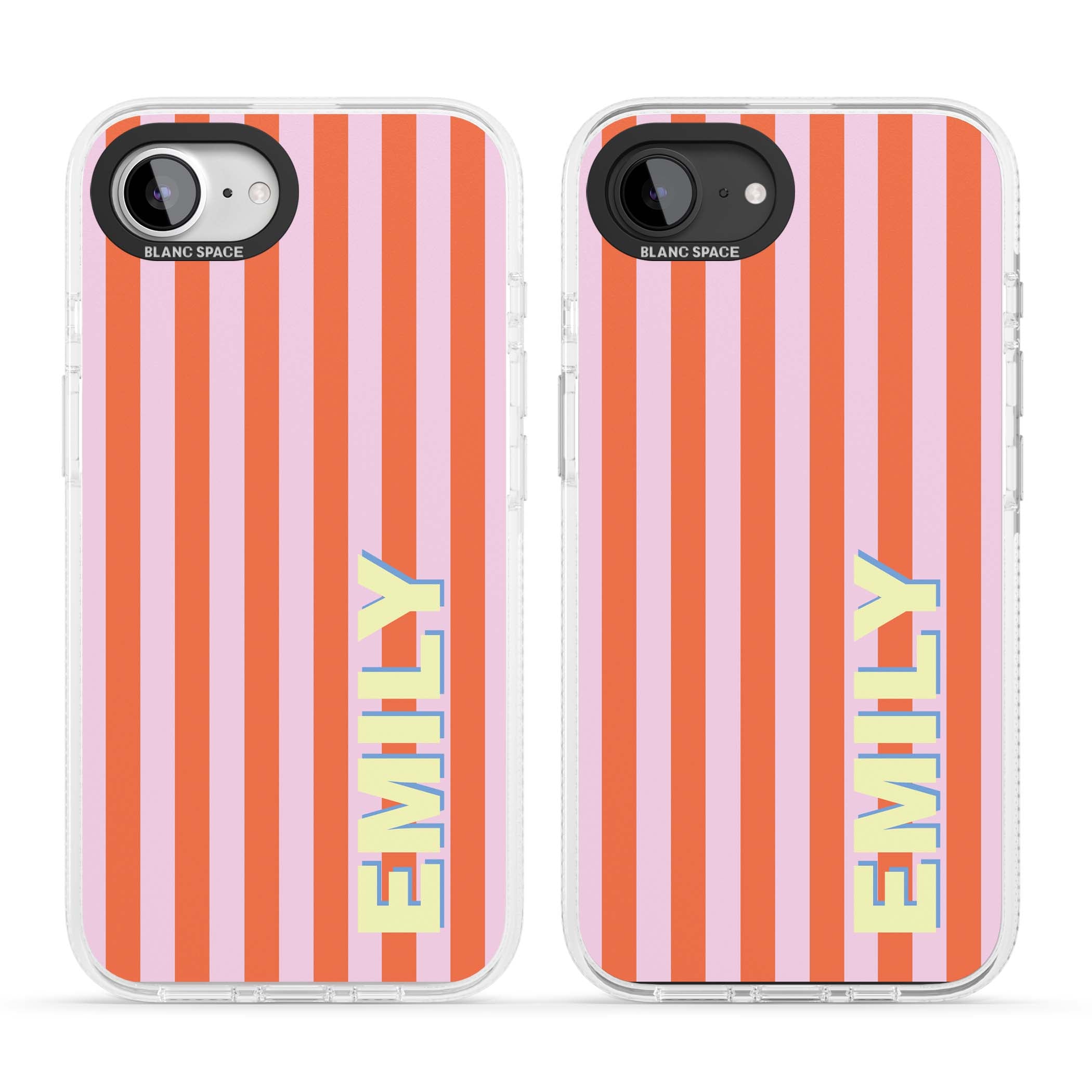 Havana Stripe personalised iPhone case featuring pink and orange vertical stripes with a custom yellow name | Clear Case Impact Air case for iPhone 16e, iPhone 17e