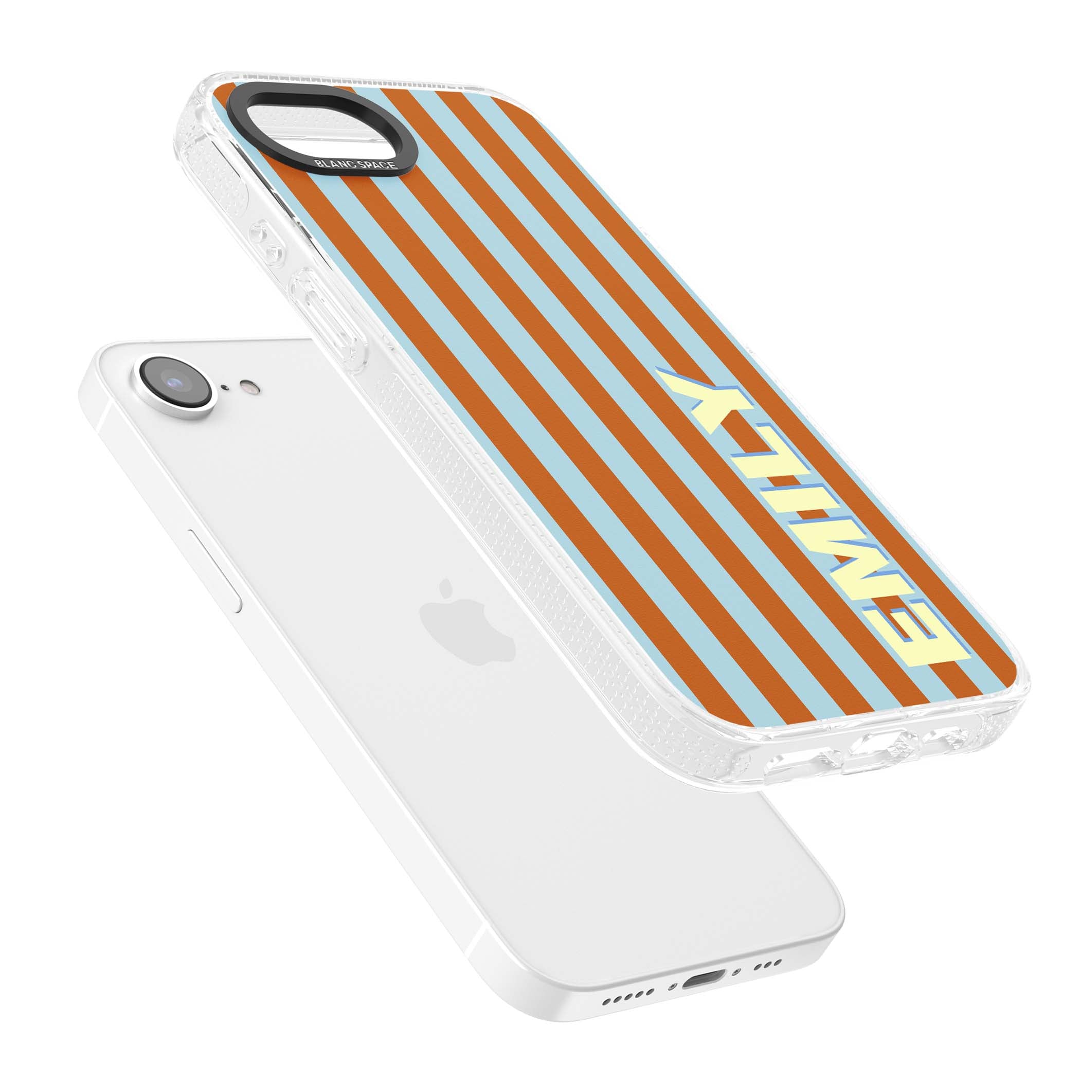 Cappadocia Stripe personalised coastal iPhone case featuring blue and orange vertical stripes with custom cream name | Clear Case Impact Air case for iPhone 16e, iPhone 17e