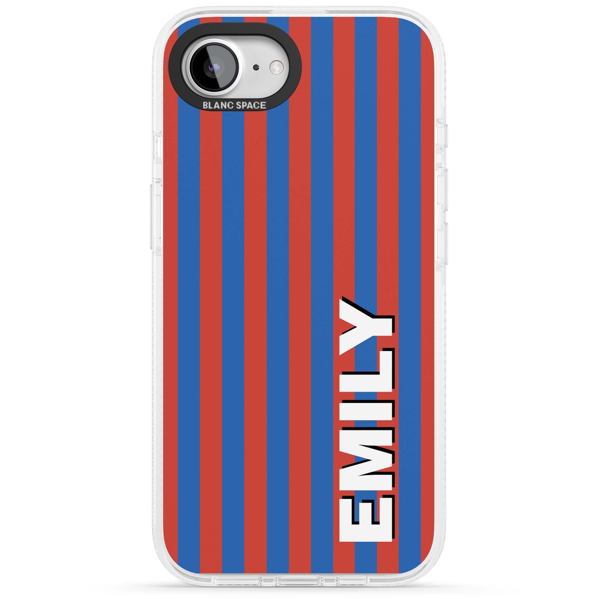 Cuban Stripe personalised iPhone case featuring red and blue vertical stripes with custom name in bold white letters | Clear Case Impact Air case for iPhone 16e, iPhone 17e