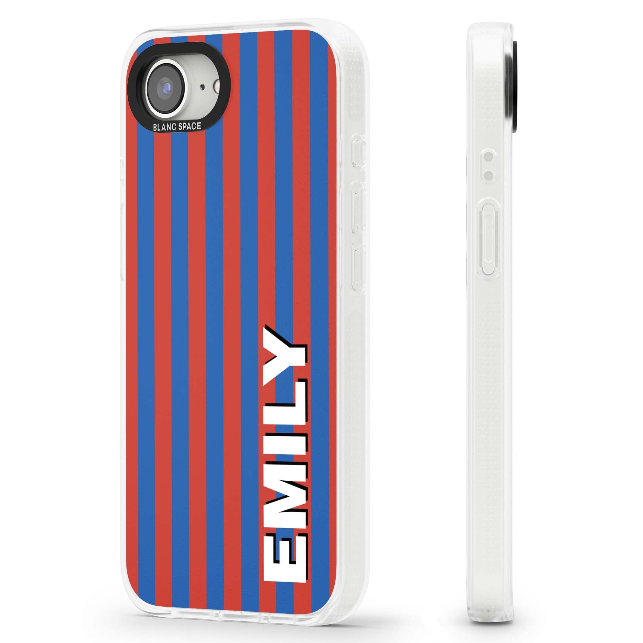 Cuban Stripe personalised iPhone case featuring red and blue vertical stripes with custom name in bold white letters | Clear Case Impact Air case for iPhone 16e, iPhone 17e