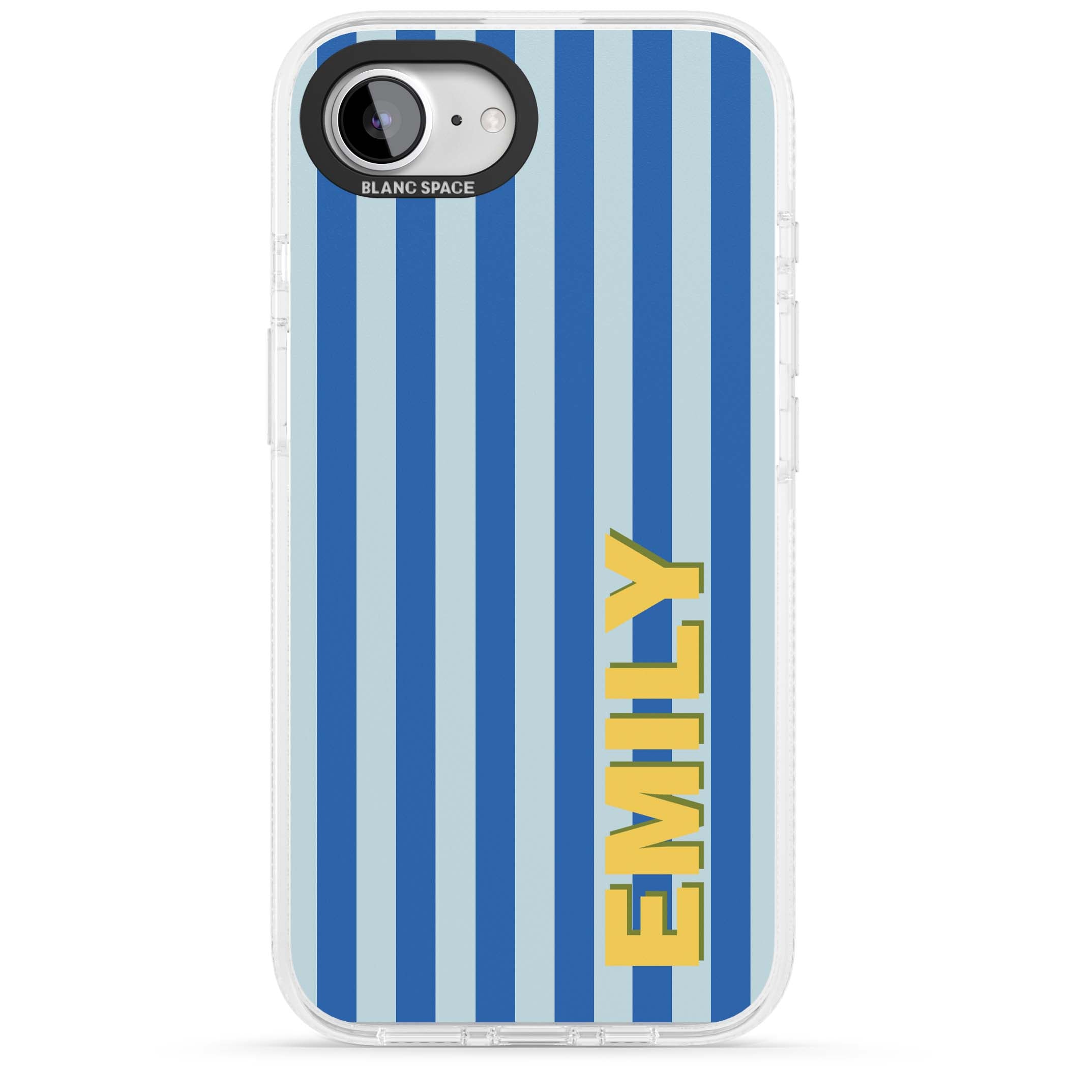 Athenian Stripe personalised preppy iPhone case featuring blue vertical stripes and a custom yellow name | Clear Case Impact Air case for iPhone 16e, iPhone 17e
