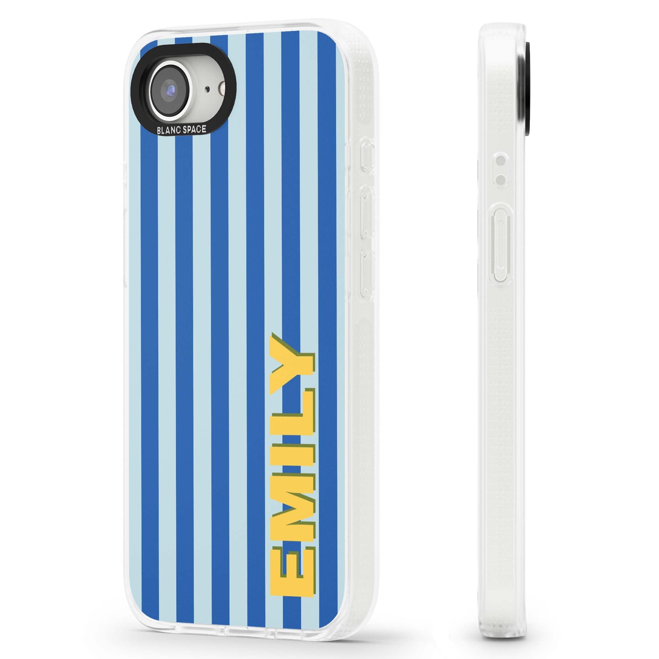 Athenian Stripe personalised preppy iPhone case featuring blue vertical stripes and a custom yellow name | Clear Case Impact Air case for iPhone 16e, iPhone 17e