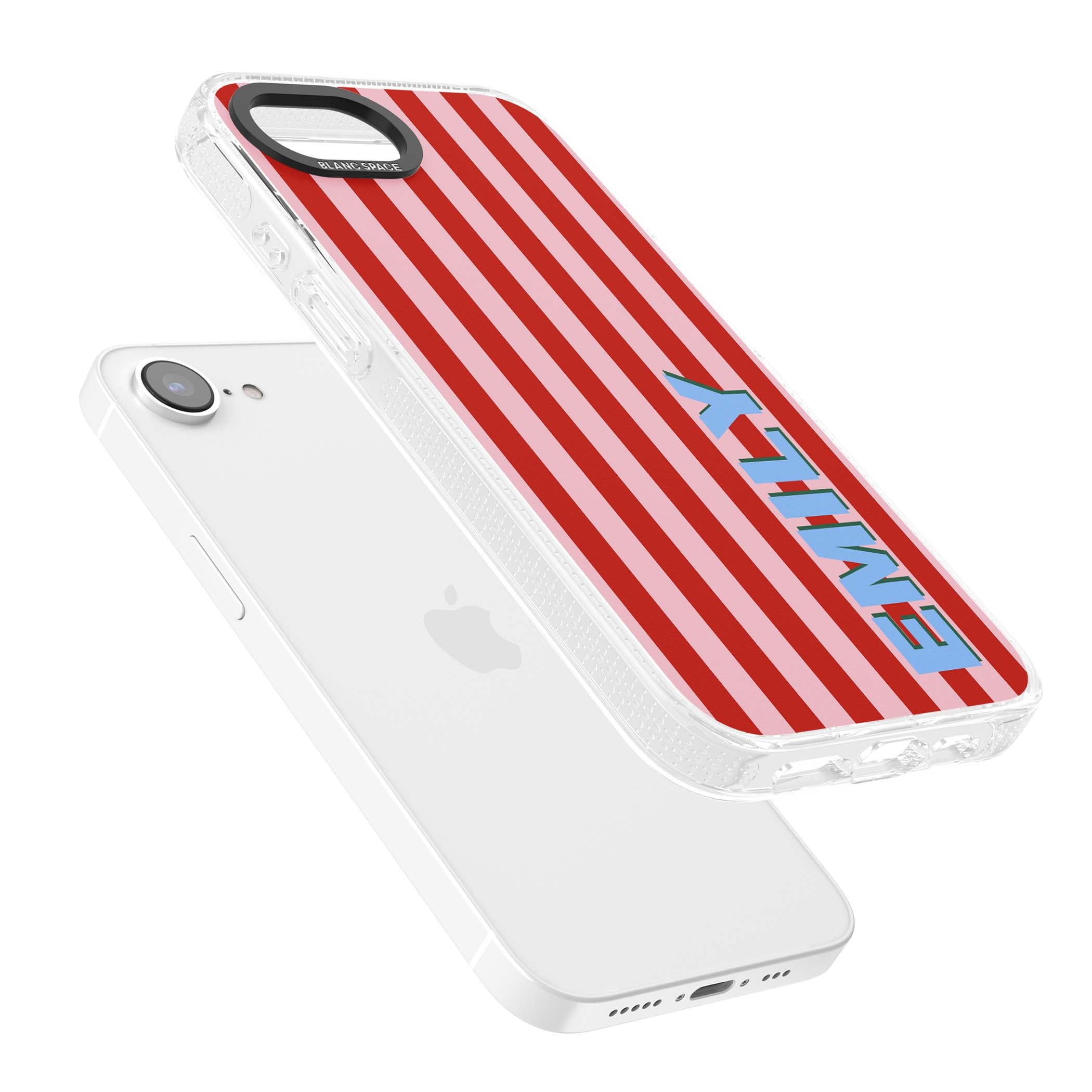 Market Stripe personalised iPhone case with red and pink vertical stripes and custom blue name | Clear Case Impact Air case for iPhone 16e, iPhone 17e