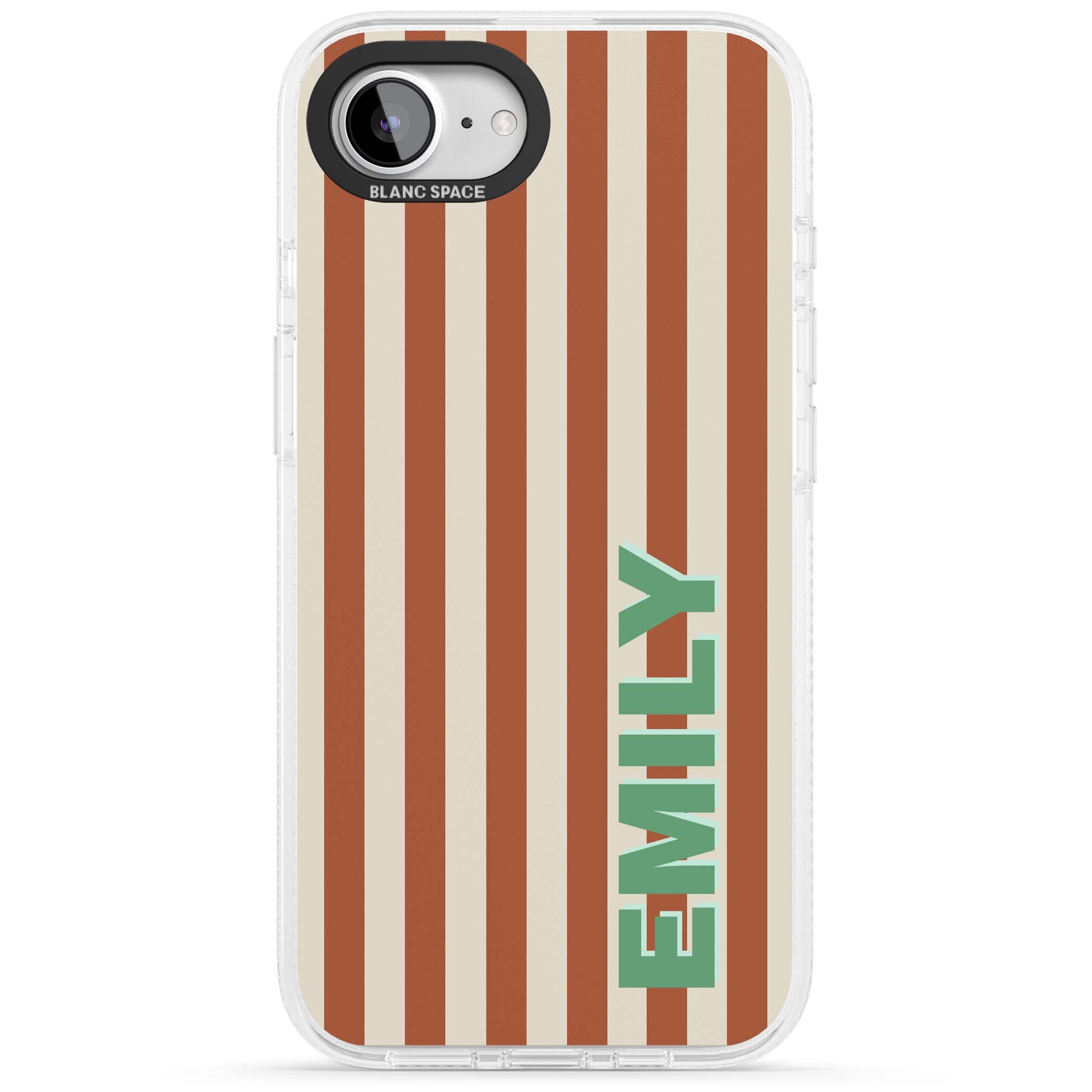 Dune Stripe personalised iPhone case with rust and cream vertical stripes and custom name in mint green | Clear Case Impact Air case for iPhone 16e, iPhone 17e