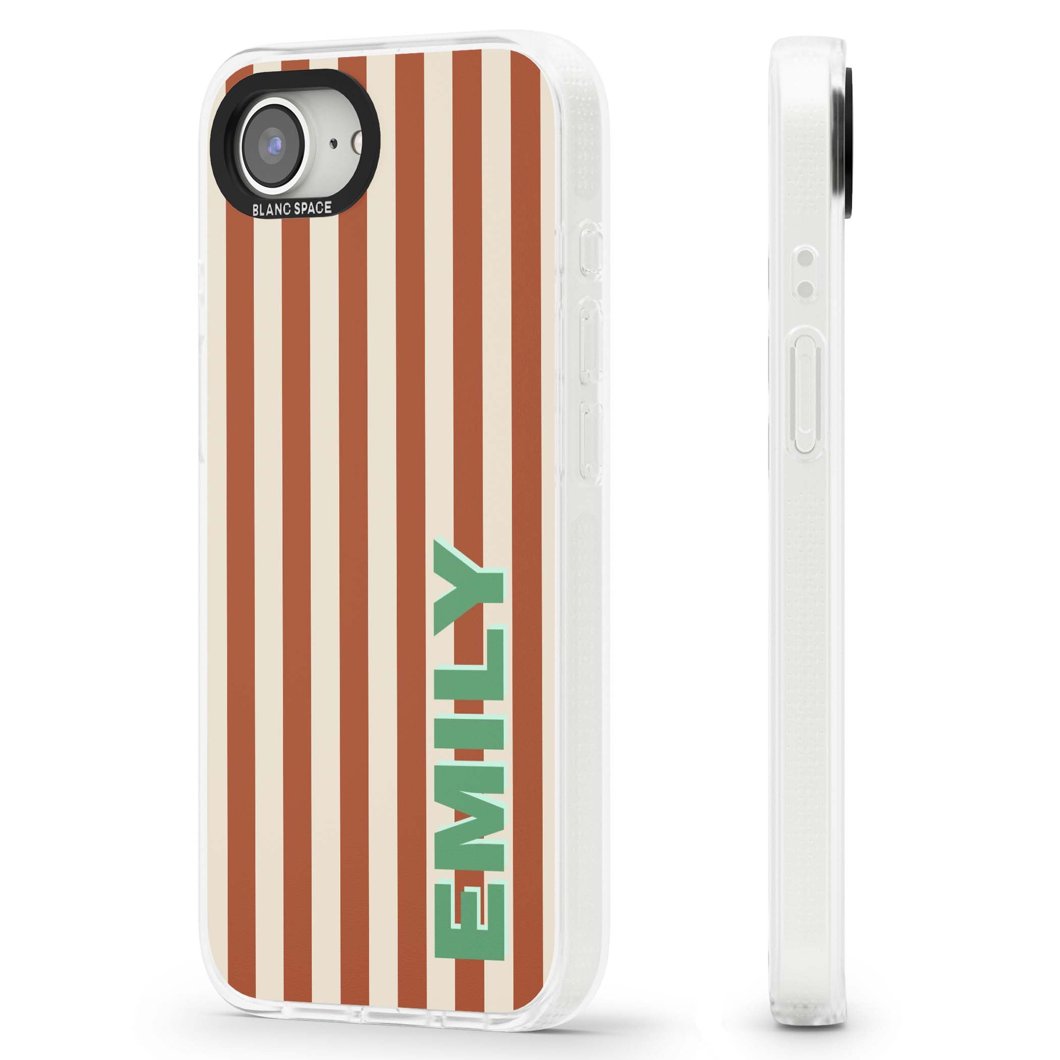 Dune Stripe personalised iPhone case with rust and cream vertical stripes and custom name in mint green | Clear Case Impact Air case for iPhone 16e, iPhone 17e