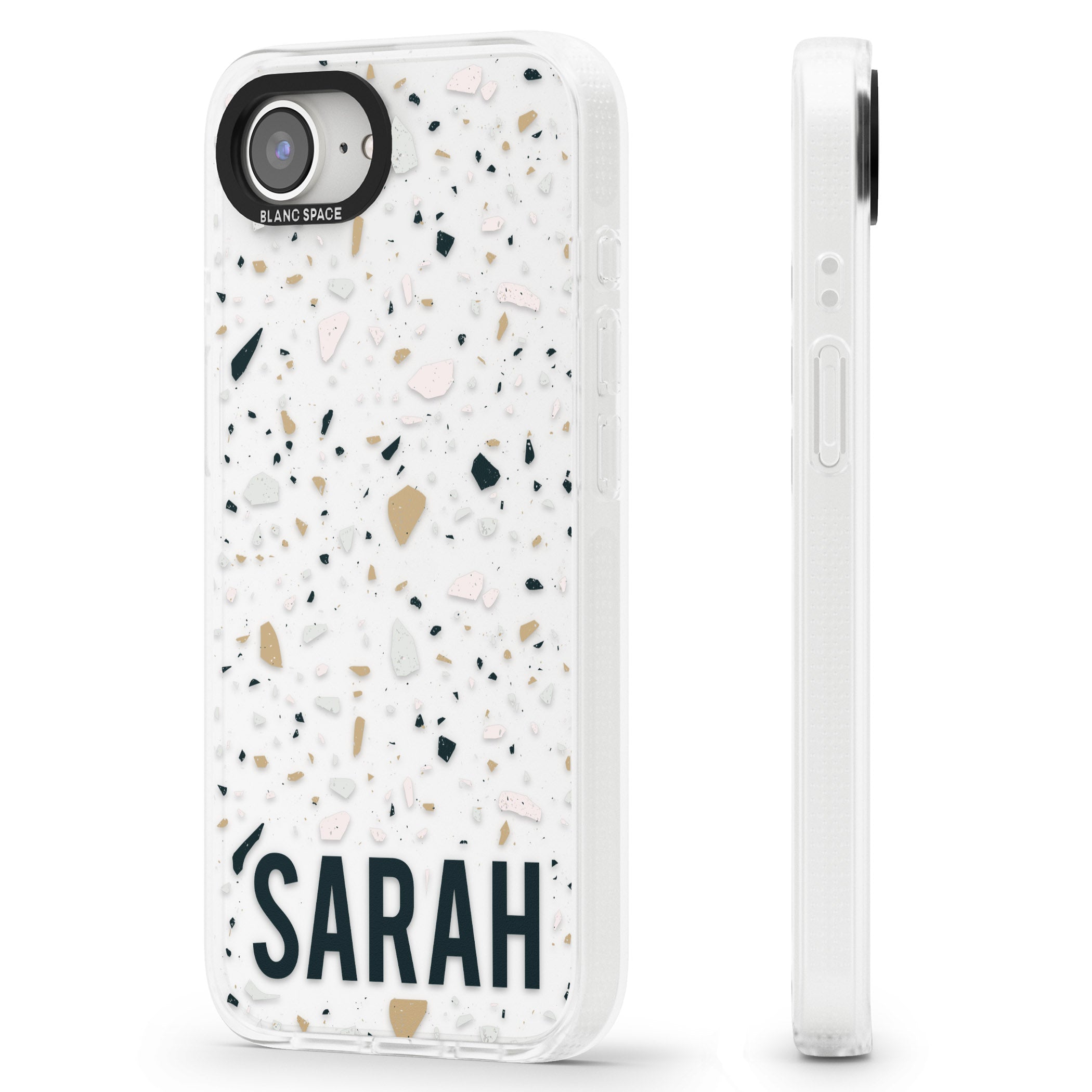 Personalised Terrazzo - Blue, Pink, Brown iPhone 16e Clear Case Impact Air - Blanc Space