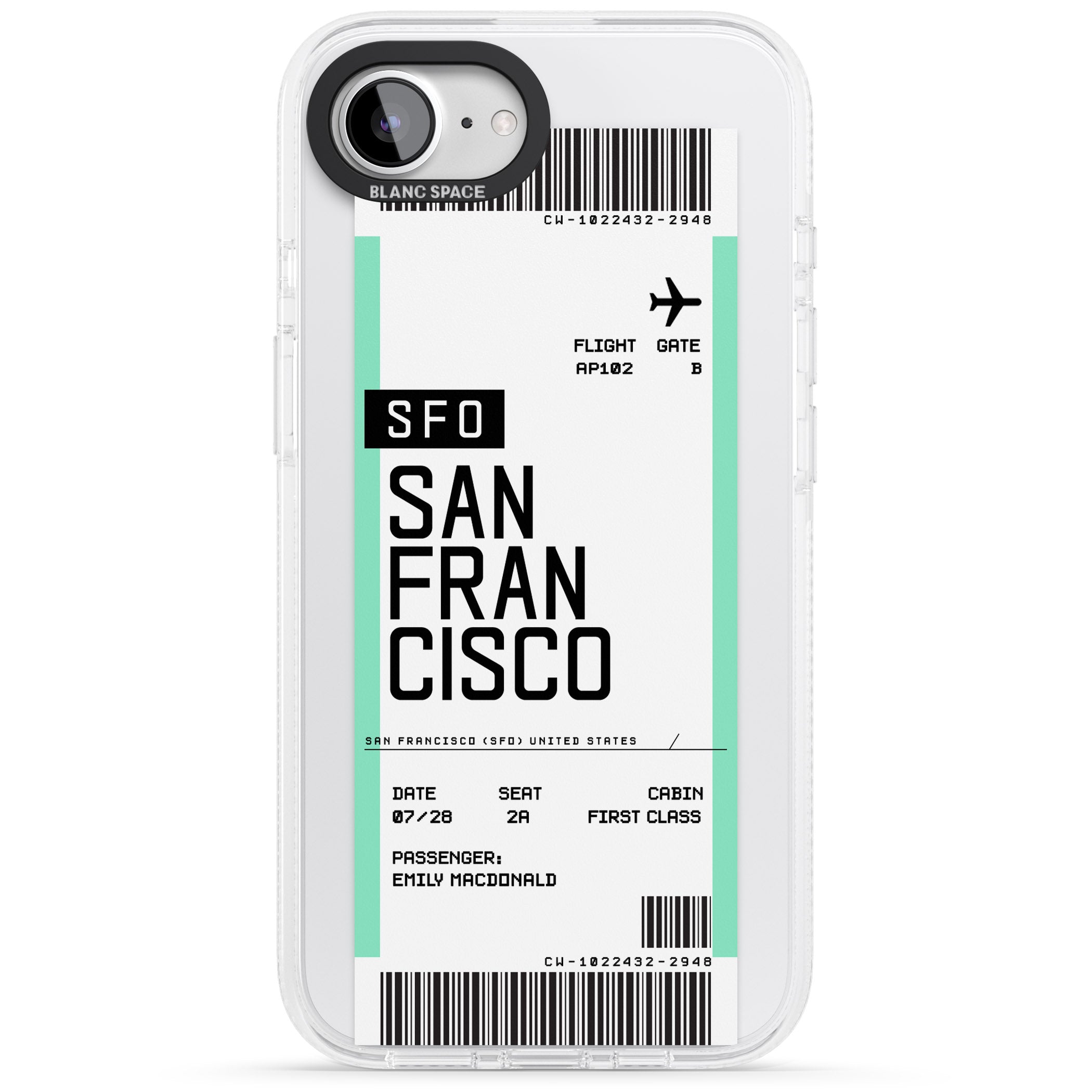 Personalised San Francisco Boarding Pass iPhone 16e Clear Case Impact Air - Blanc Space