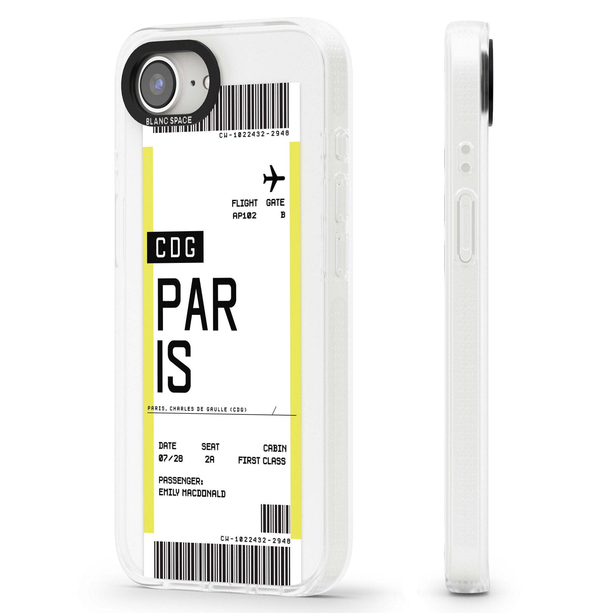 Personalised Paris Boarding Pass iPhone 16e Clear Case Impact Air - Blanc Space