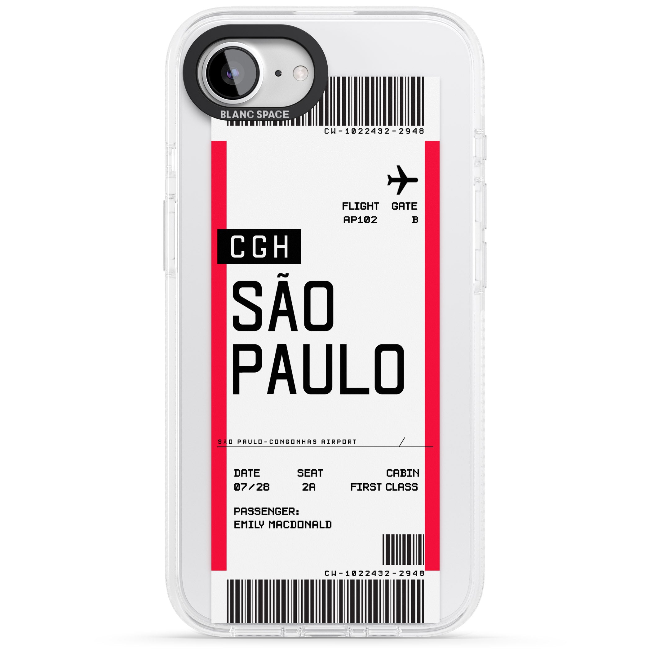 Personalised São Paulo Boarding Pass iPhone 16e Clear Case Impact Air - Blanc Space