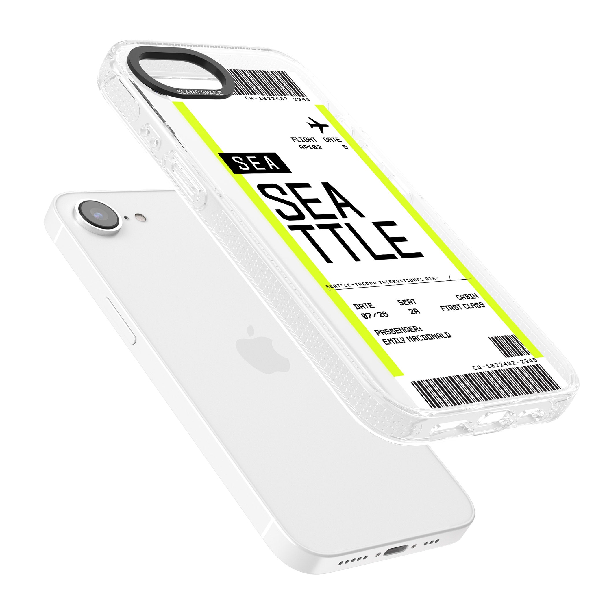 Personalised Seattle Boarding Pass iPhone 16e Clear Case Impact Air - Blanc Space