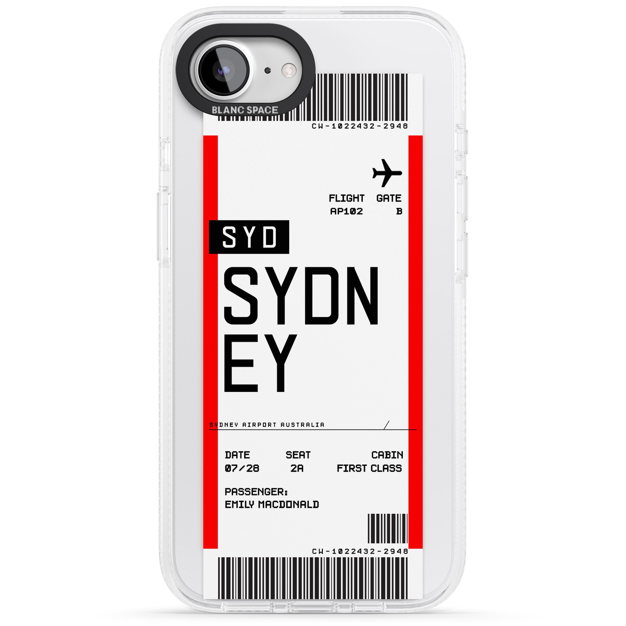 Personalised Sydney Boarding Pass iPhone 16e Clear Case Impact Air - Blanc Space