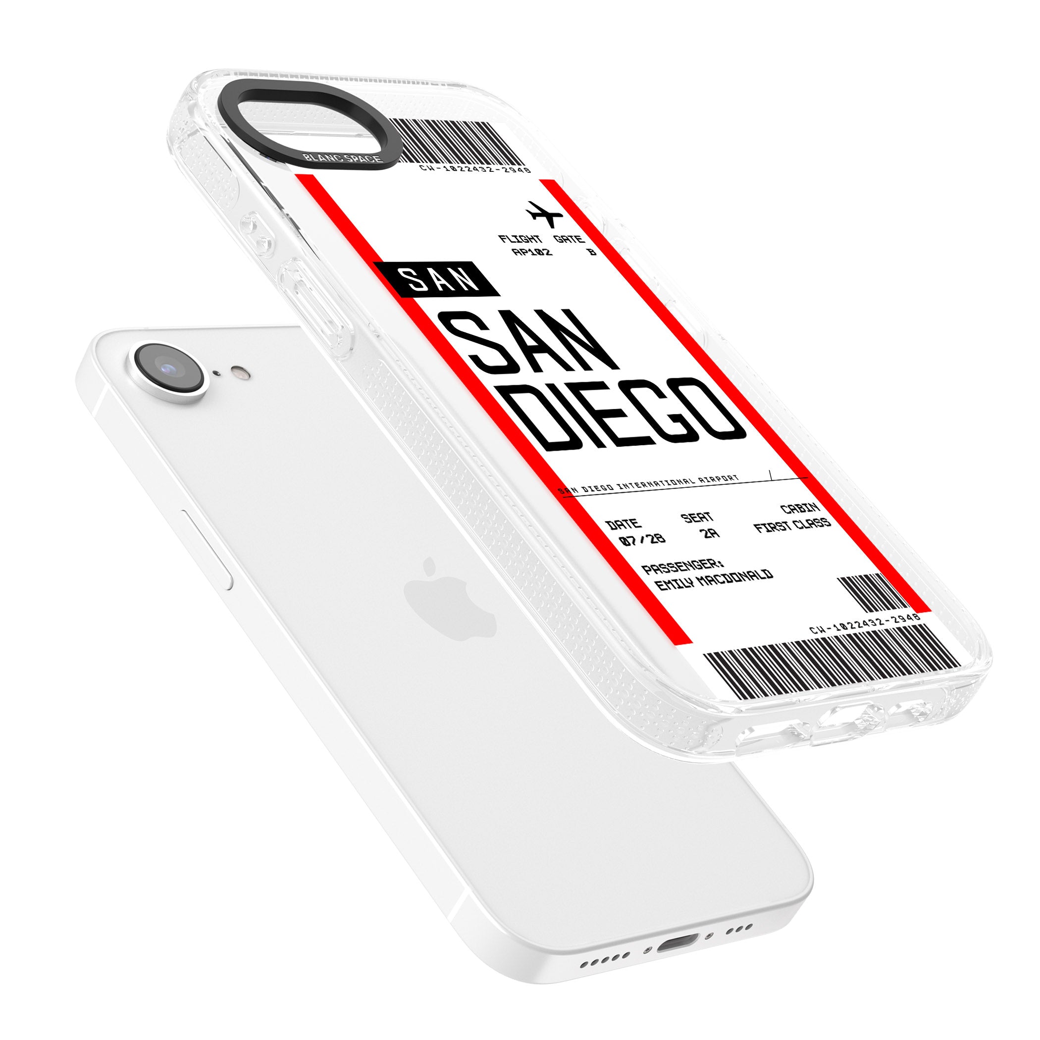Personalised San Diego Boarding Pass iPhone 16e Clear Case Impact Air - Blanc Space