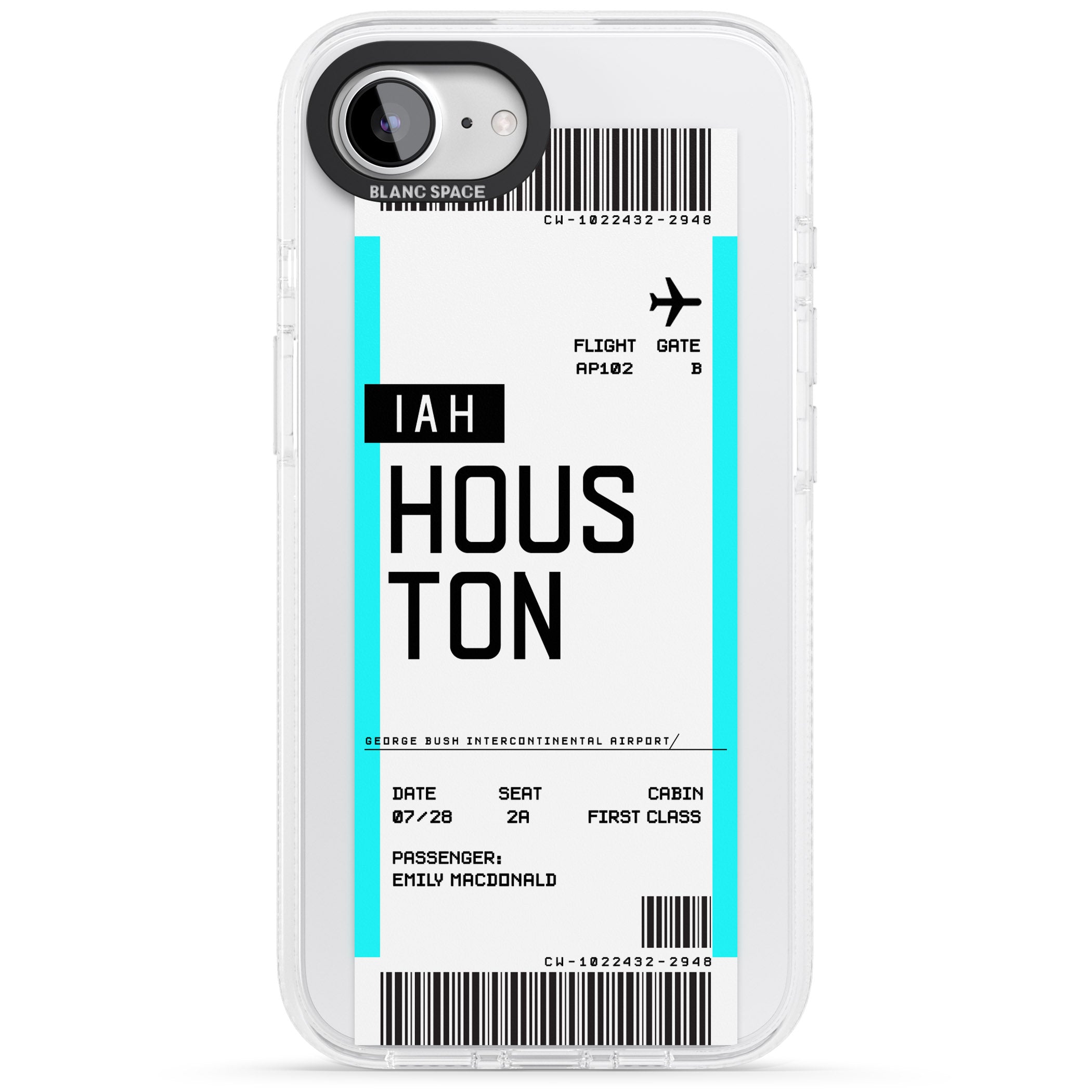 Personalised Houston Boarding Pass iPhone 16e Clear Case Impact Air - Blanc Space