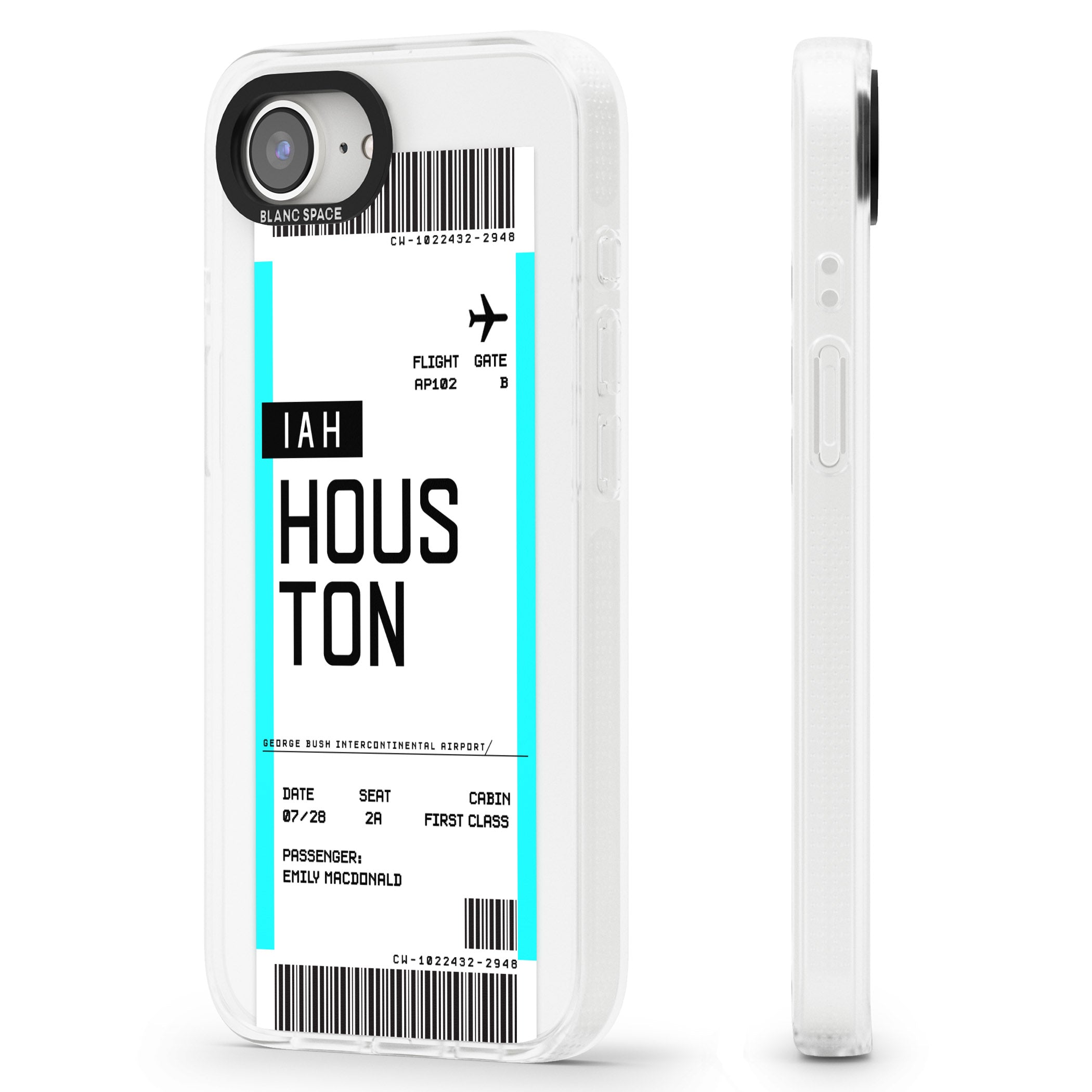 Personalised Houston Boarding Pass iPhone 16e Clear Case Impact Air - Blanc Space