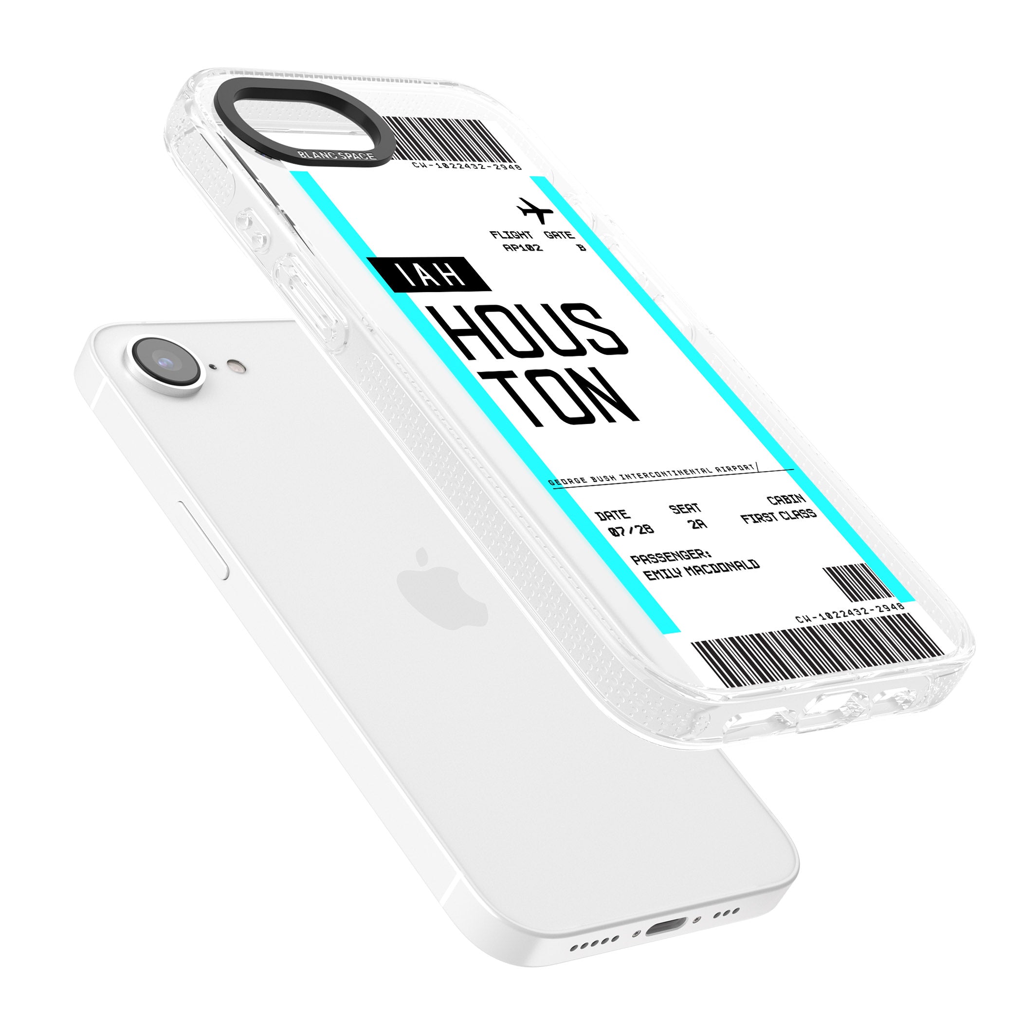 Personalised Houston Boarding Pass iPhone 16e Clear Case Impact Air - Blanc Space