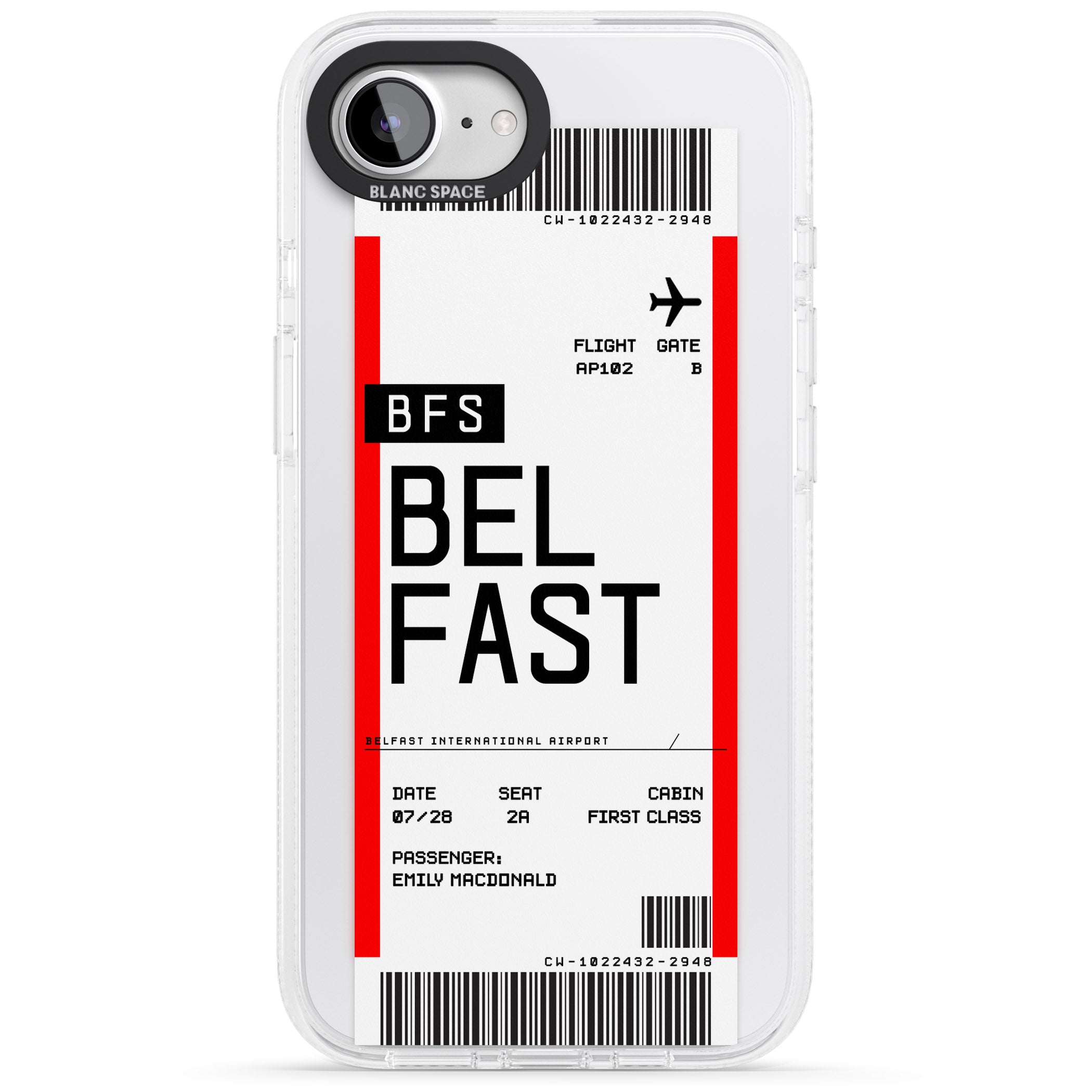 Personalised Belfast Boarding Pass iPhone 16e Clear Case Impact Air - Blanc Space