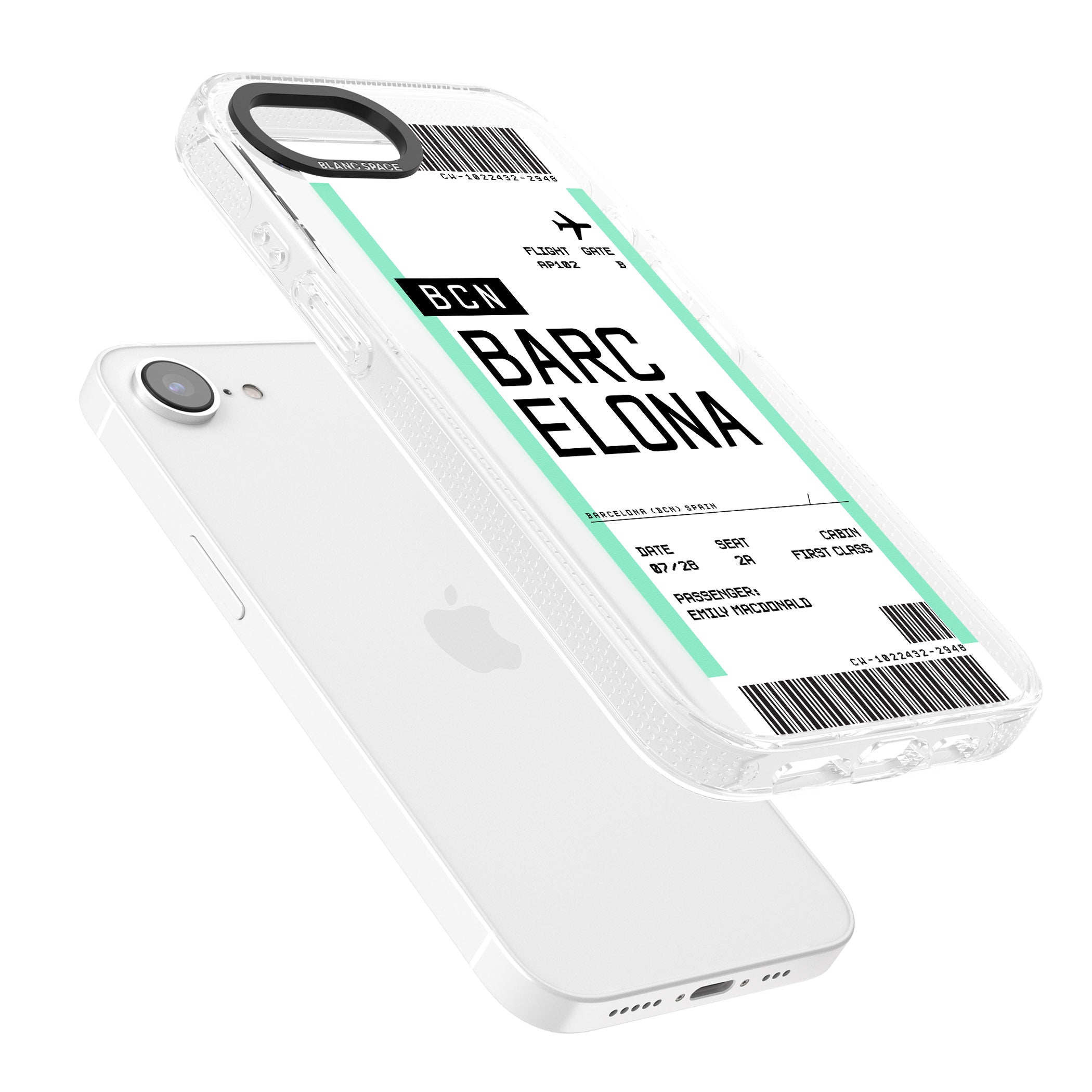 Personalised Barcelona Boarding Pass iPhone 16e Clear Case Impact Air - Blanc Space