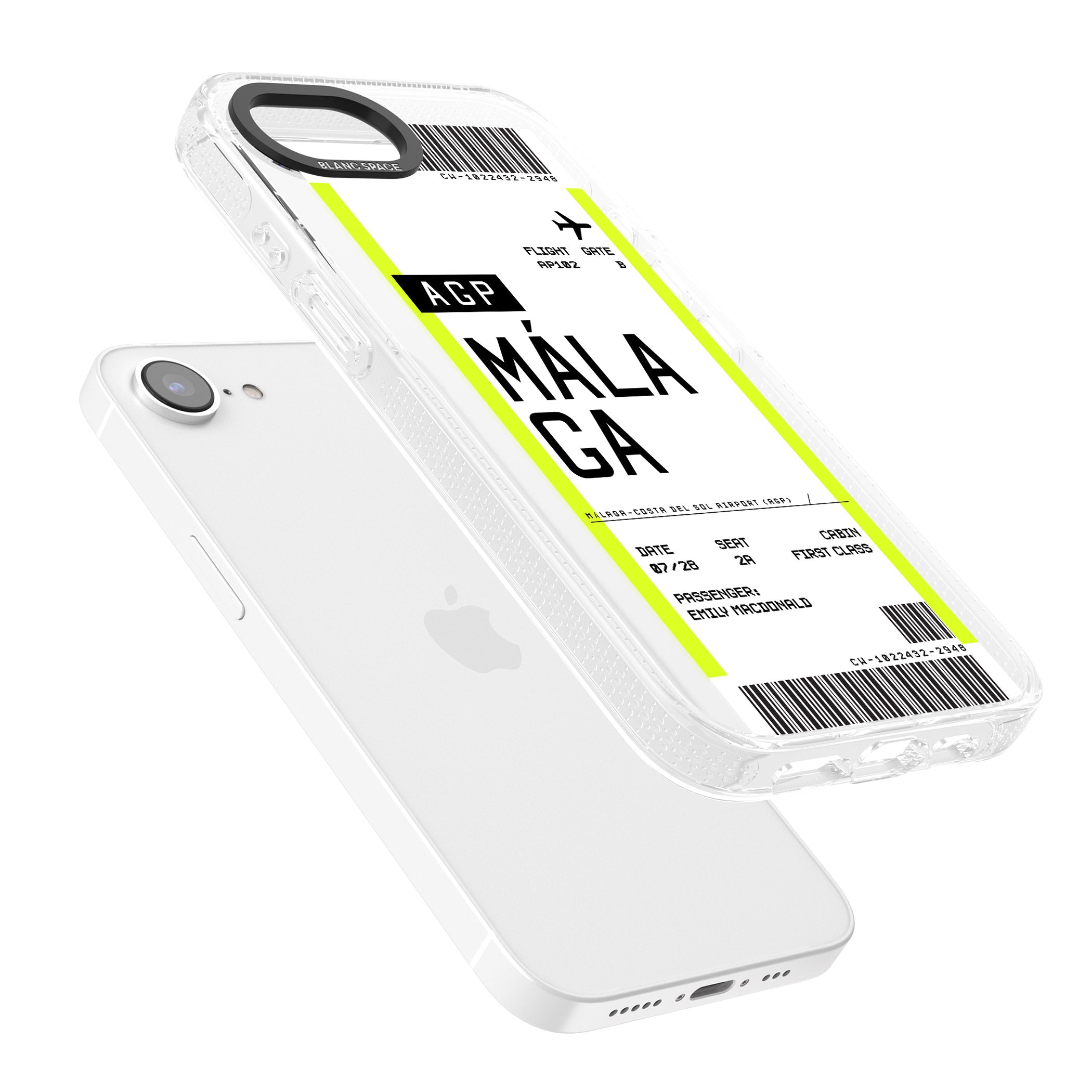 Personalised Málaga Boarding Pass iPhone 16e Clear Case Impact Air - Blanc Space