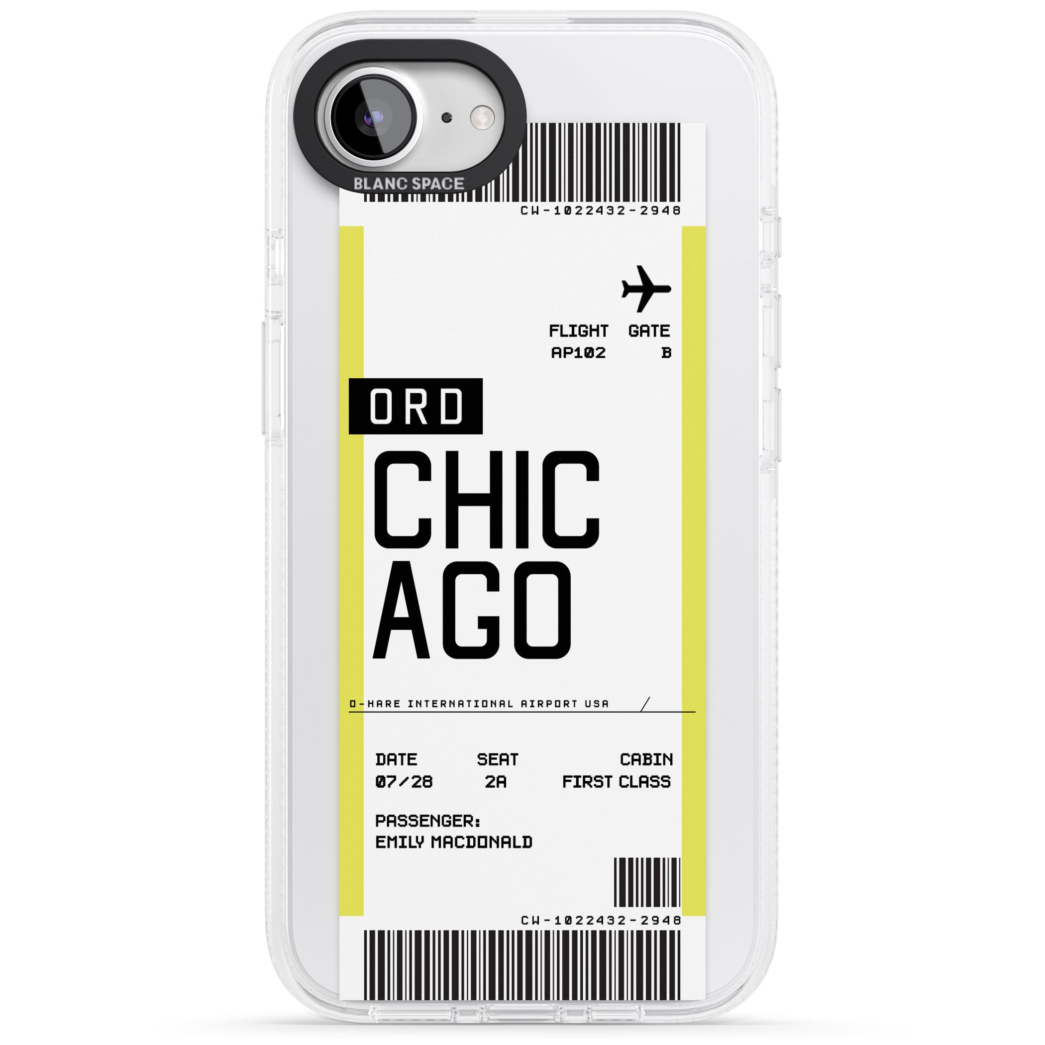 Personalised Chicago Boarding Pass iPhone 16e Clear Case Impact Air - Blanc Space