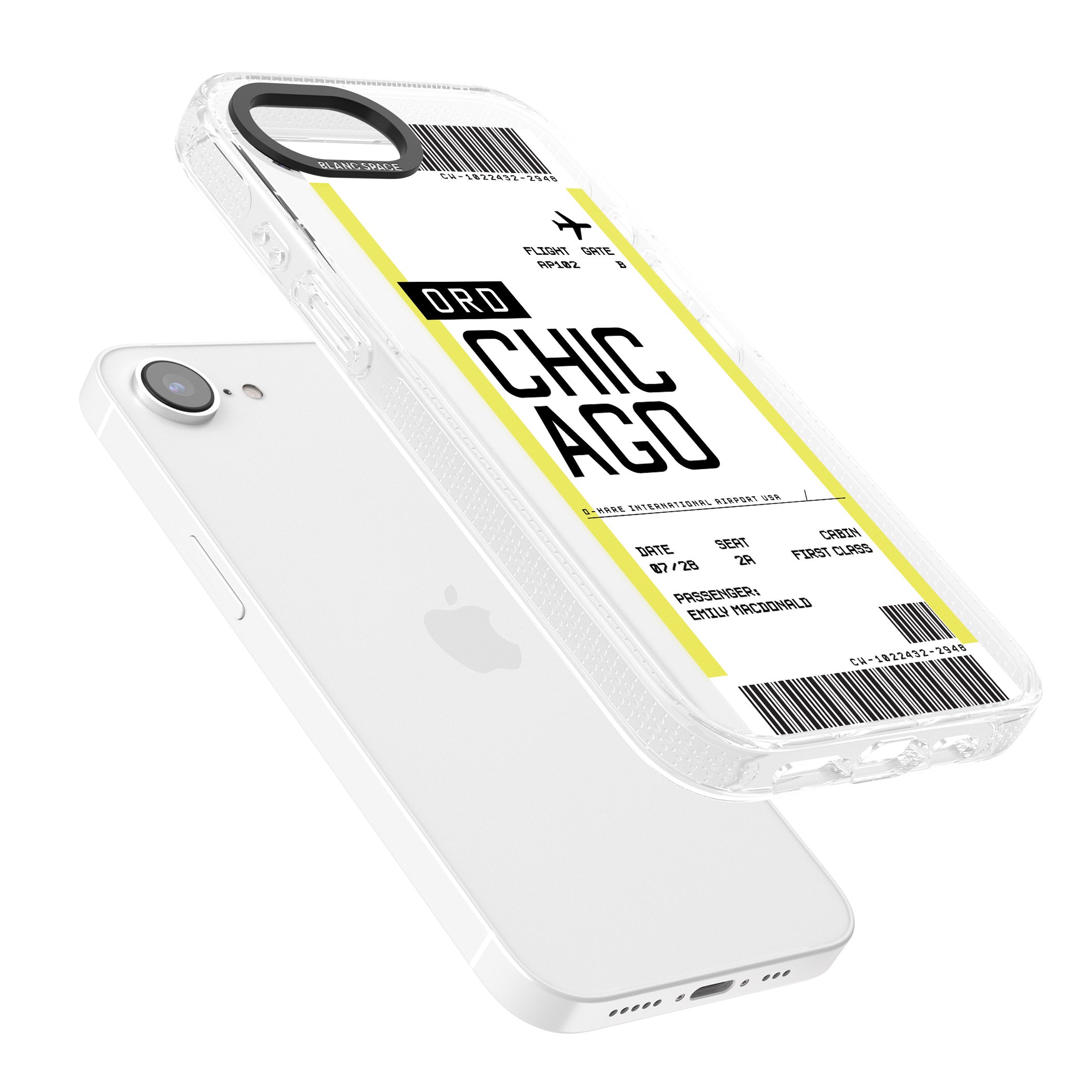 Personalised Chicago Boarding Pass iPhone 16e Clear Case Impact Air - Blanc Space