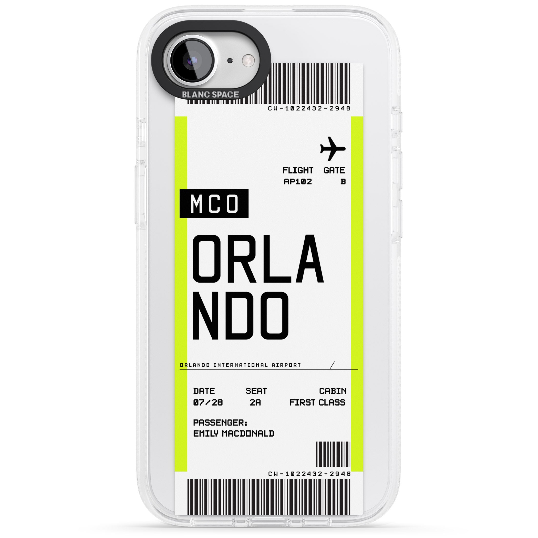 Personalised Orlando Boarding Pass iPhone 16e Clear Case Impact Air - Blanc Space