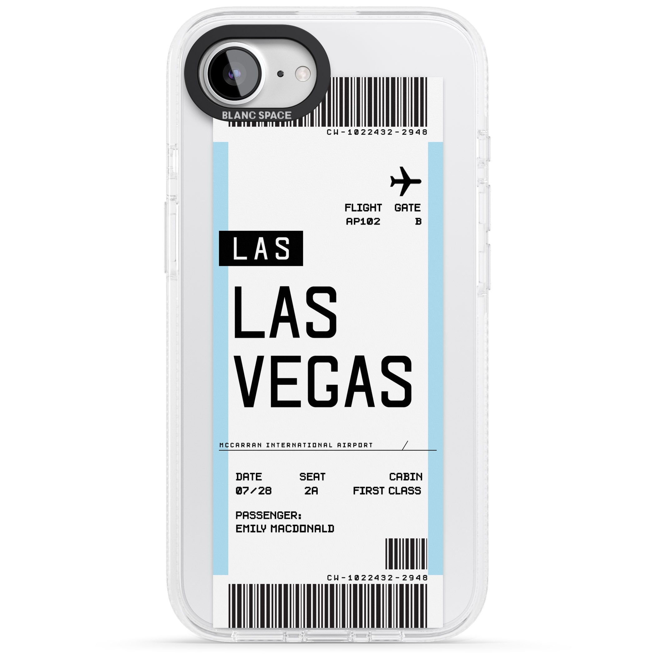 Personalised Las Vegas Boarding Pass iPhone 16e Clear Case Impact Air - Blanc Space