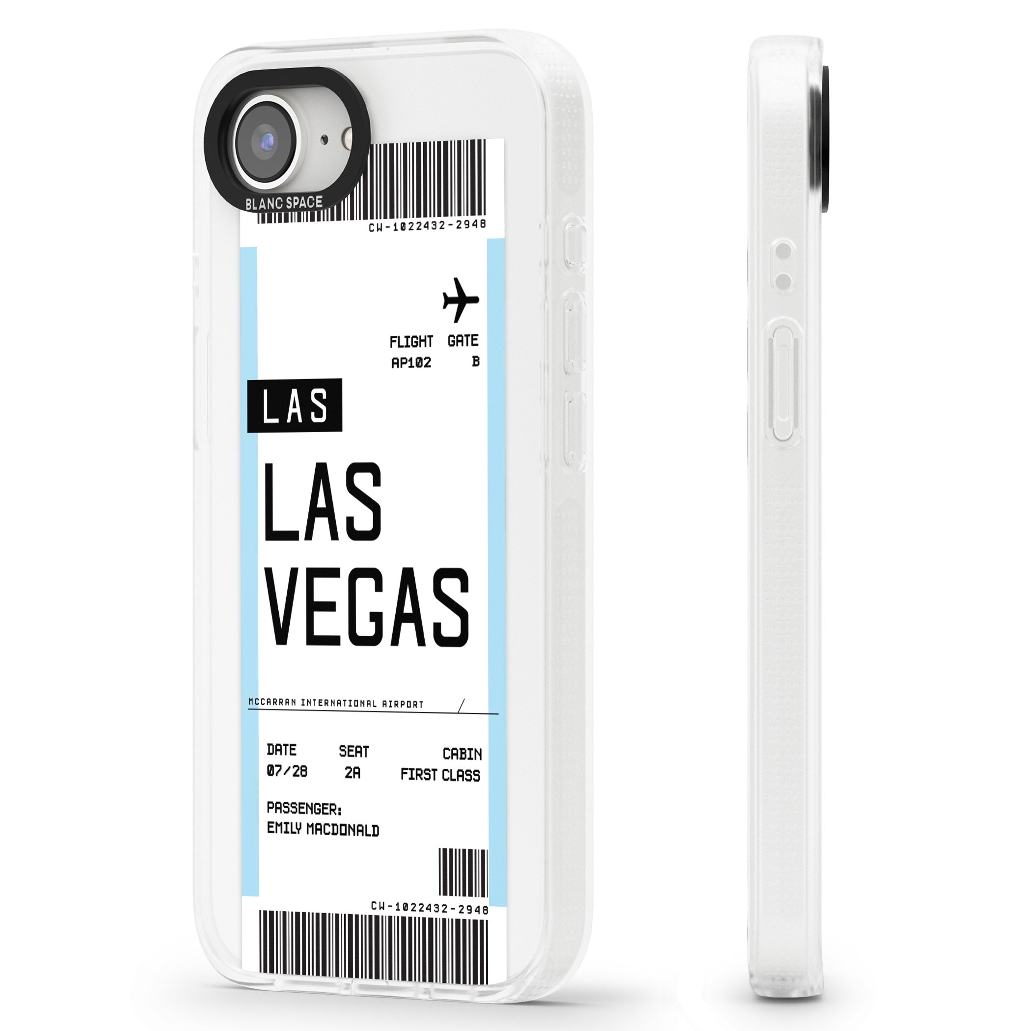 Personalised Las Vegas Boarding Pass iPhone 16e Clear Case Impact Air - Blanc Space