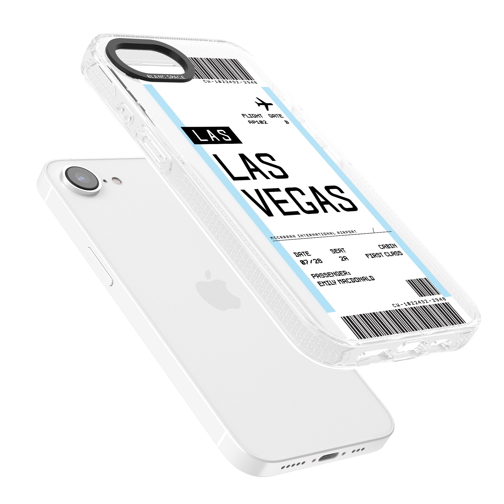 Personalised Las Vegas Boarding Pass iPhone 16e Clear Case Impact Air - Blanc Space