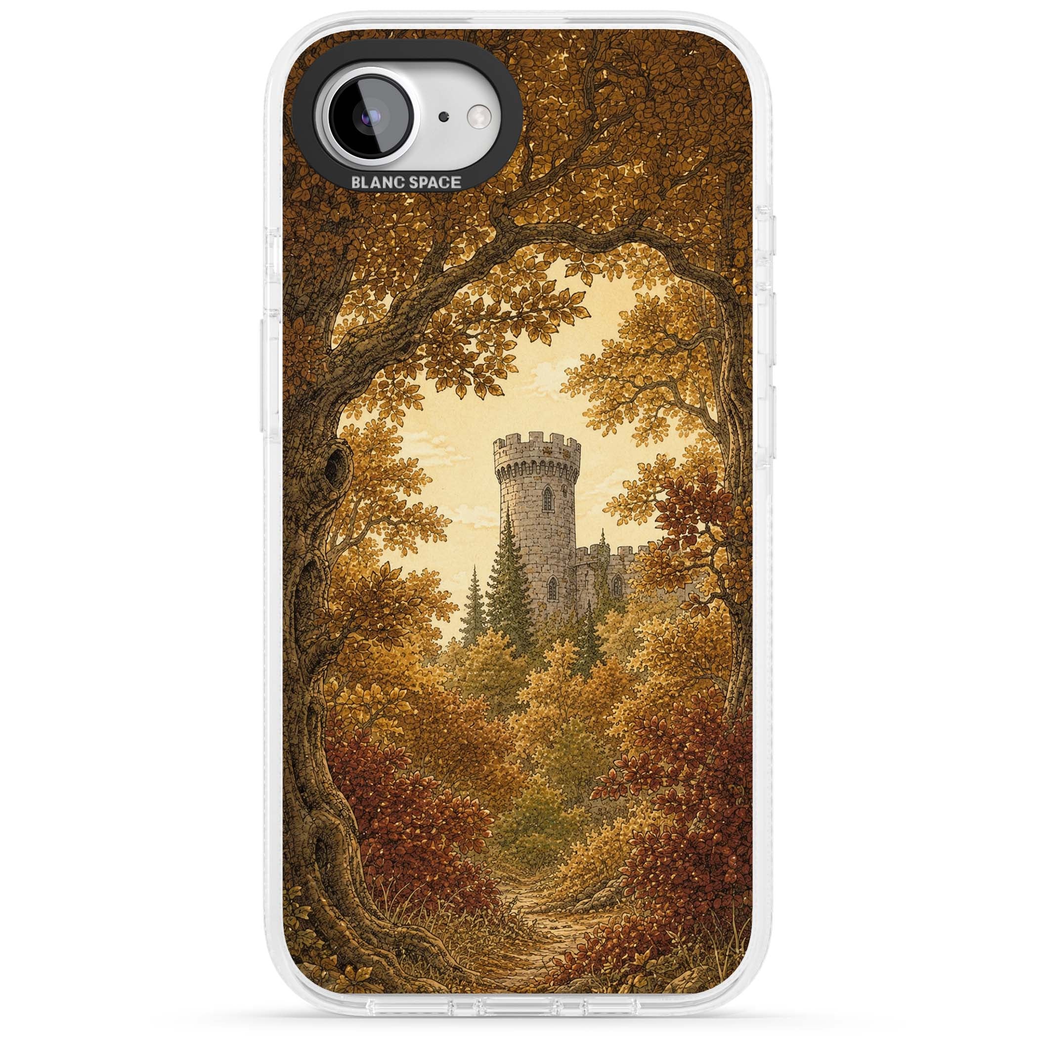 Autumn Keep cottagecore iPhone case featuring a medieval castle tower framed by golden autumn trees and woodland foliage | Clear Case Impact Air case for iPhone 16e, iPhone 17e