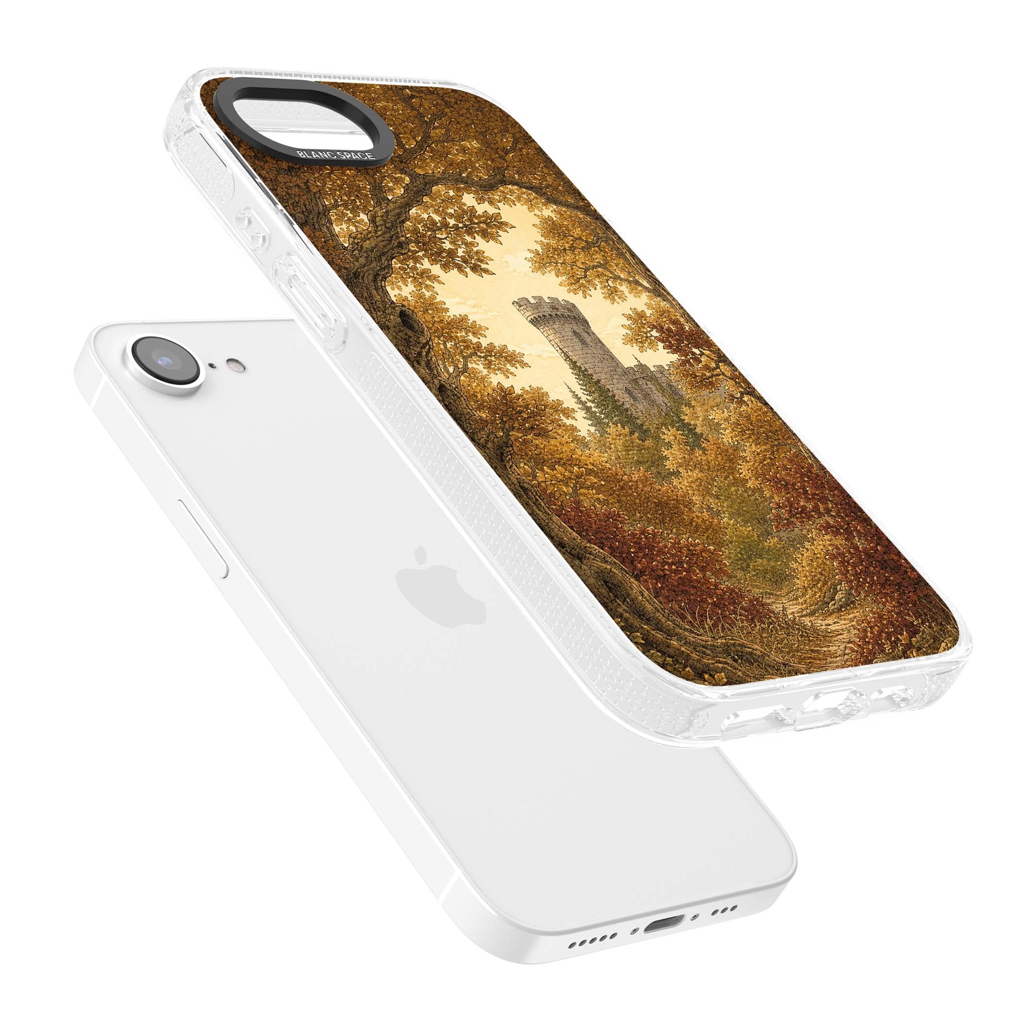 Autumn Keep cottagecore iPhone case featuring a medieval castle tower framed by golden autumn trees and woodland foliage | Clear Case Impact Air case for iPhone 16e, iPhone 17e