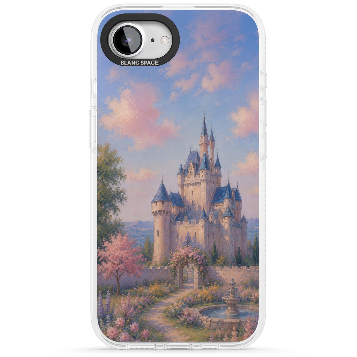 Enchanted Kingdom fairytale iPhone case featuring a romantic castle painting with cherry blossoms and pastel pink sky | Clear Case Impact Air case for iPhone 16e, iPhone 17e